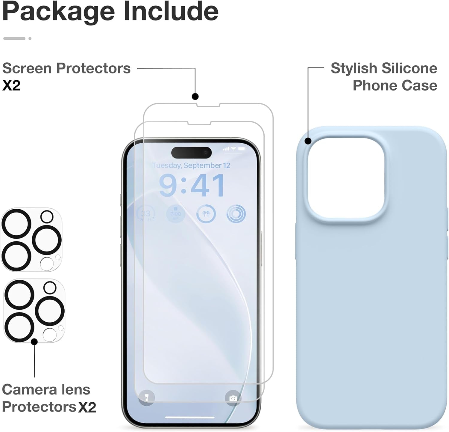 GONEZ for Iphone 14 Pro Case, with 2 Pack Screen Protector + 2 Pack Camera Lens Protector, Soft Anti-Scratch Microfiber Lining, Shockproof Protective Liquid Silicone Phone Cover 6.1'', Blue  GONEZ   