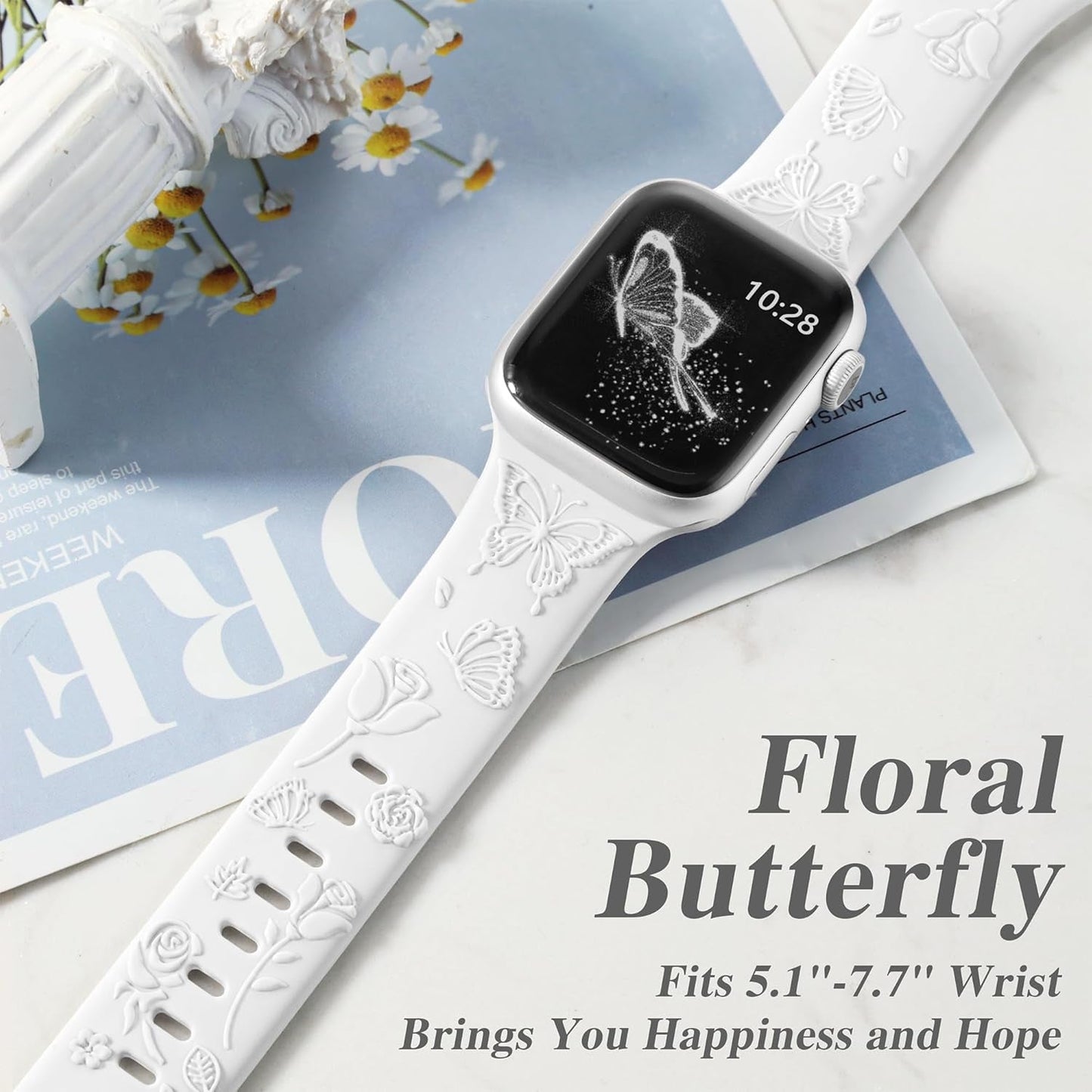 Floral Butterfly Engraved Band Compatible with Apple Watch Bands for Women 40Mm 41Mm 38Mm, Soft Silicone Sport Iwatch Bands for Apple Watch Series 9 Band SE Series 8 7 6 5 4 3 2 1-White