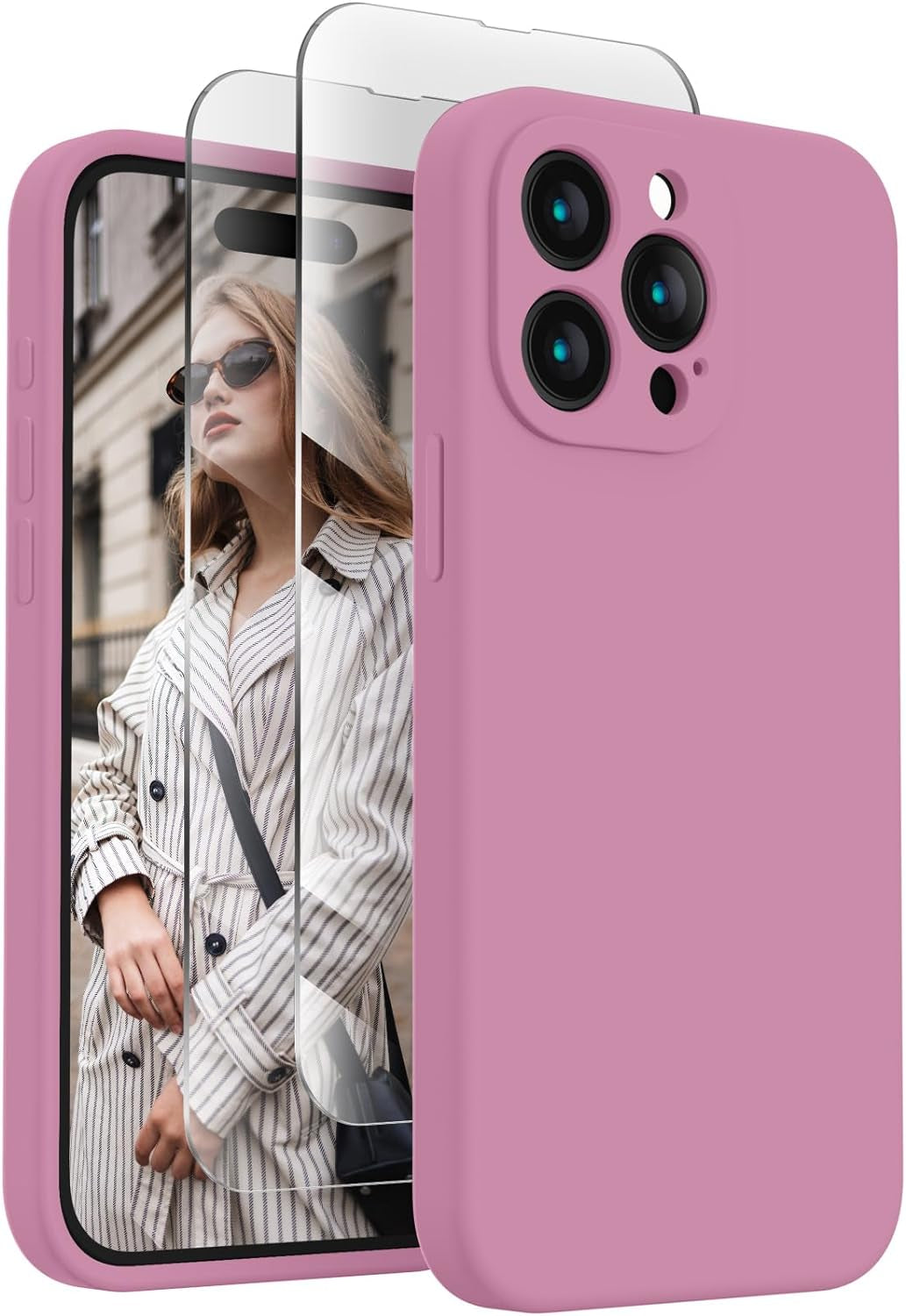 Firenova Designed for Iphone 15 Pro Case, Silicone Upgraded [Camera Protection] Phone Case with [2 Screen Protectors], Soft Anti-Scratch Microfiber Lining Inside, 6.1 Inch, Calke Green  FireNova Lilac Purple  