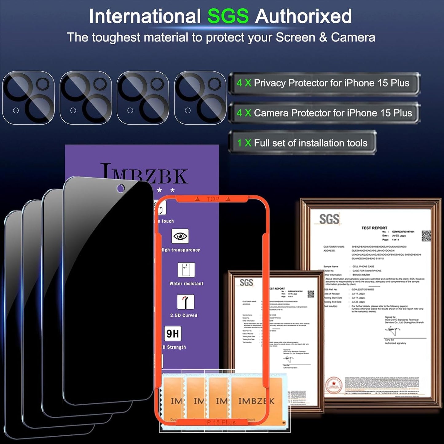 IMBZBK 4 Pack Privacy Screen Protector for Iphone 15 plus Tempered Glass with 4 Pack Camera Lens Protector, Accessories 9H anti Spy for Apple 15 Plus, 2.5D Curved, Case Friendly, Transparent  IMBZBK   