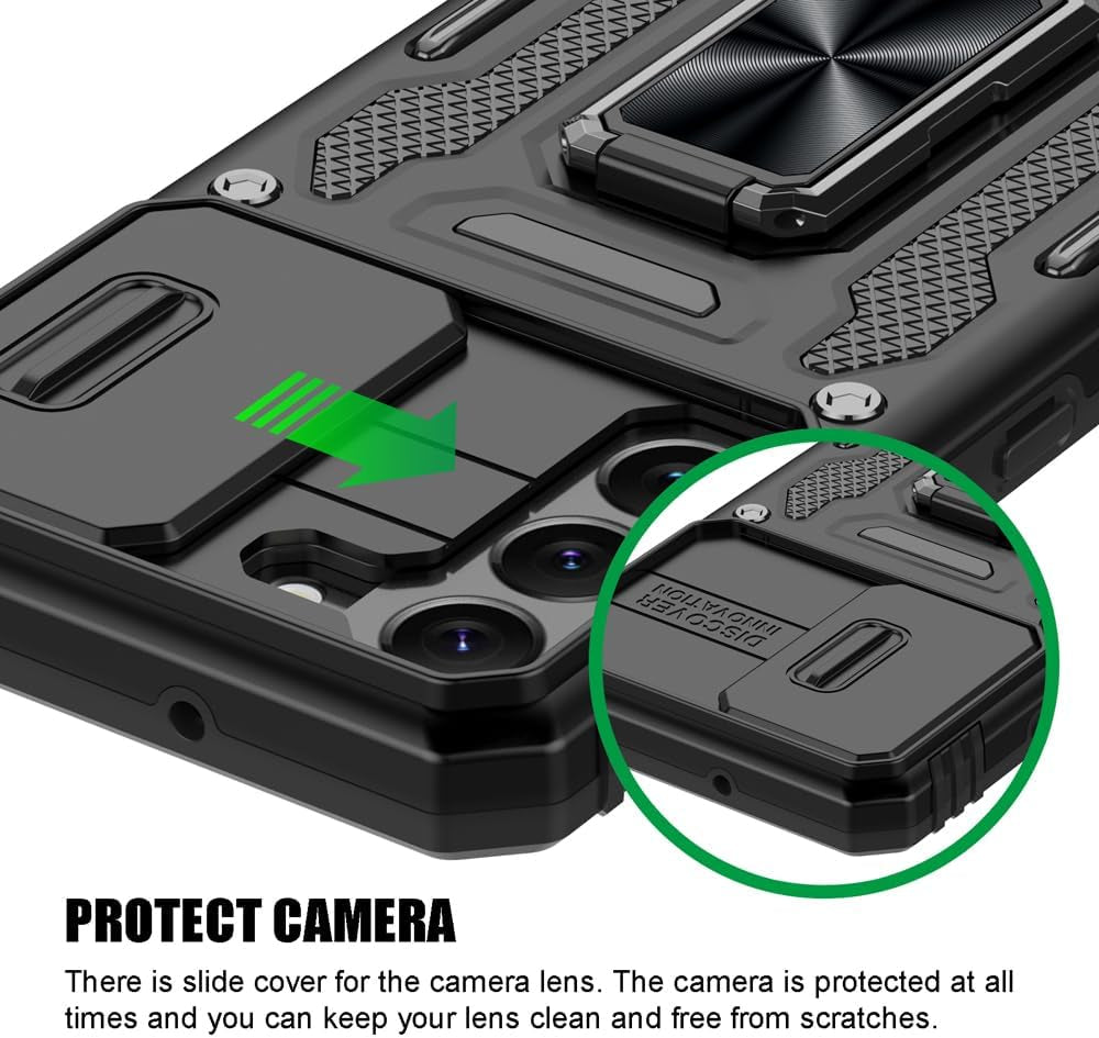 For Samsung Galaxy S22 Case, Shockproof Phone Case & Sliding Camera Cover & Ring Holder Kickstand with Screen Protector for Samsung Galaxy S22 5G (6.1", 2022) [Black]