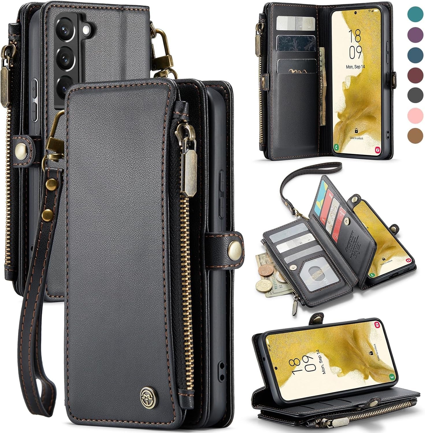 Defencase for Galaxy S22 plus Case, 【RFID Blocking】 for Samsung Galaxy S22 plus Case Wallet for Women Men with Card Holder, Zipper Strap Magnetic Flip PU Leather Phone Case for Samsung S22 Plus, Black