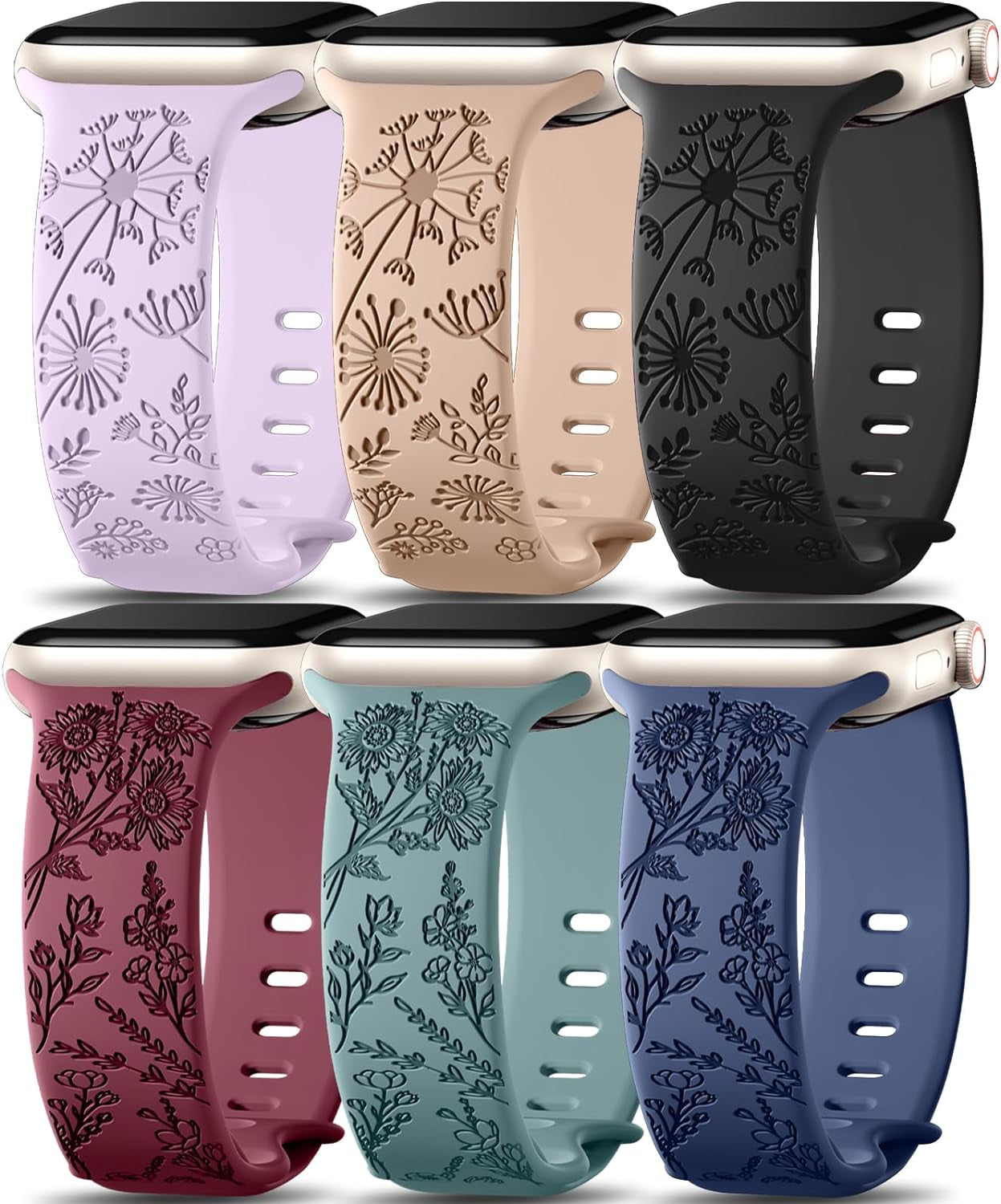 6 Pack Flower Engraved Bands Compatible for Apple Watch Band 40Mm 41Mm 38Mm 42Mm 44Mm 45Mm 49Mm Women,Soft Silicone Cute Wildflowers Sport Laser Strap for Iwatch Bands Series 9 Ultra SE 8 6 5 4 3 2 1