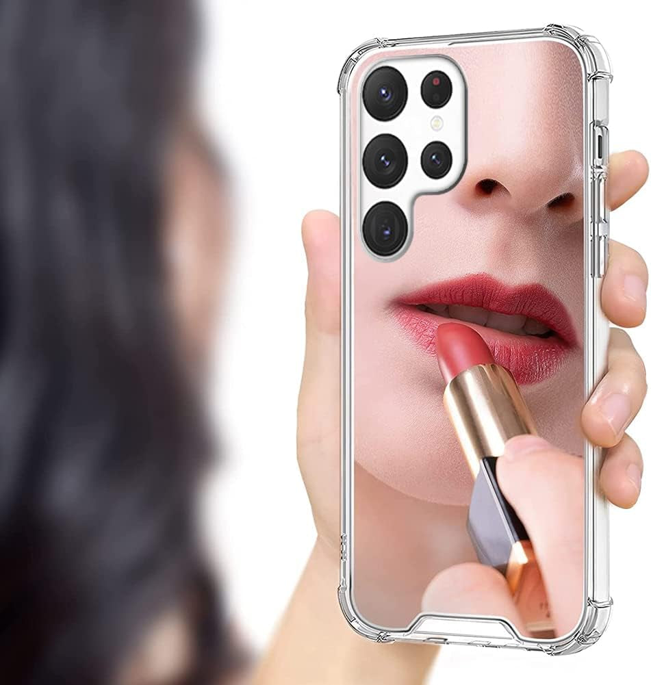 Cavdycidy for Samsung Galaxy S22 Ultra Case Mirror with [Four Corner Thick Guard Shockproof] Hard Mirror Back Soft Bumper Slim Protective Cover Girly Makeup Touch up for Girl Women