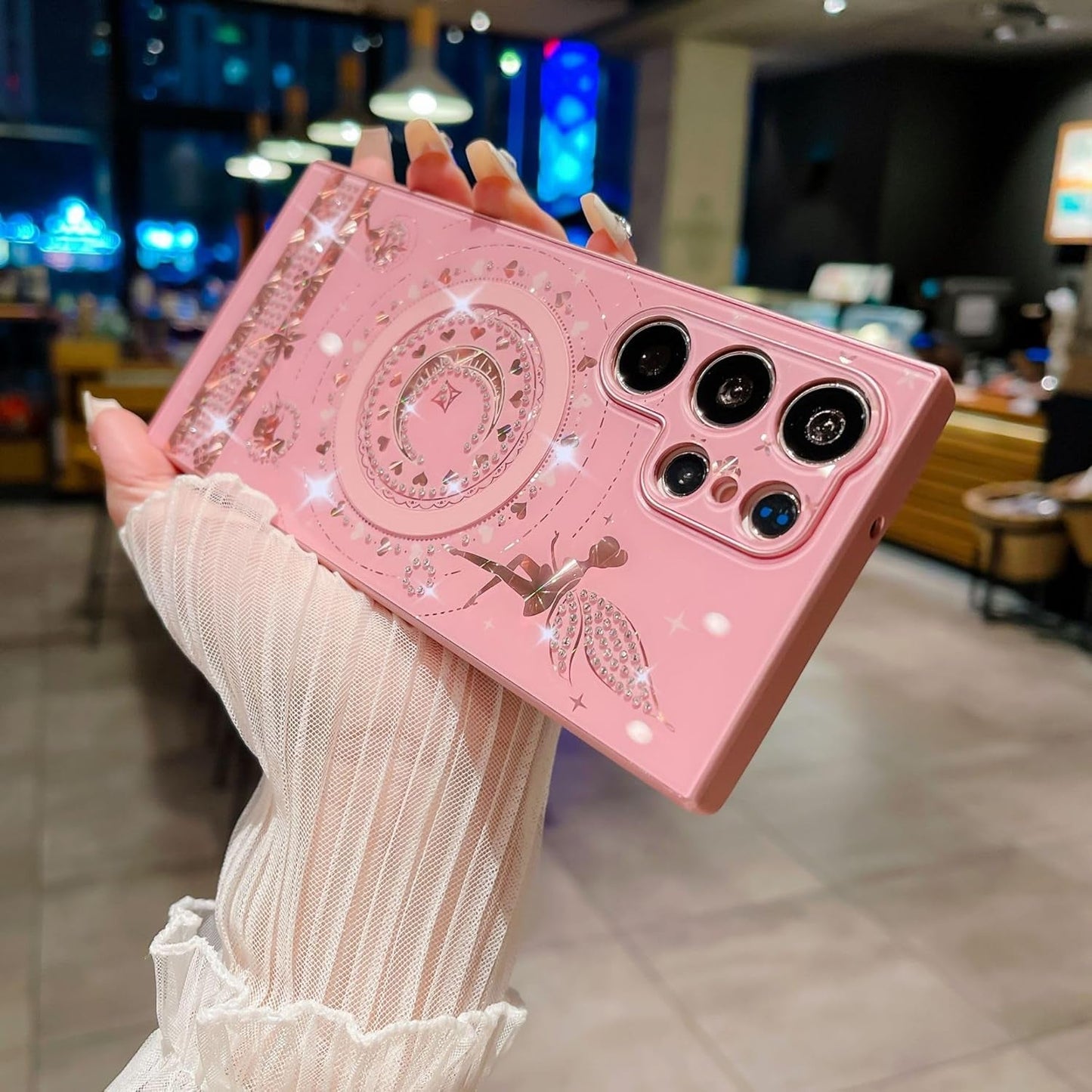 Cute Bling Magnetic Case for Galaxy S22 Ultra,Sparkle Luxury Rhinestone Heart Moon Star Angel Fairy Plating [Compatible with Magsafe] Girls Women for Samsung Galaxy S22 Ultra (Pink)