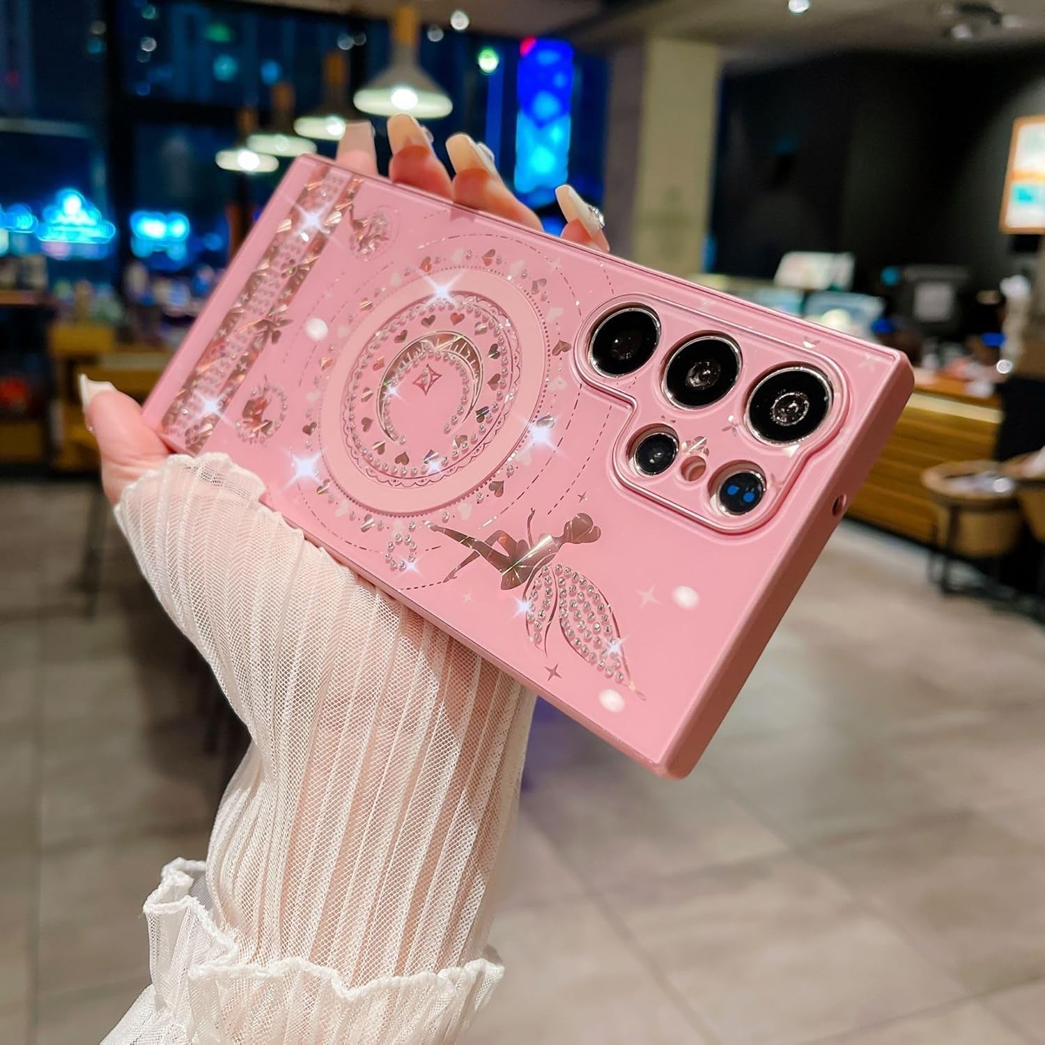 Cute Bling Magnetic Case for Galaxy S22 Ultra,Sparkle Luxury Rhinestone Heart Moon Star Angel Fairy Plating [Compatible with Magsafe] Girls Women for Samsung Galaxy S22 Ultra (Pink)