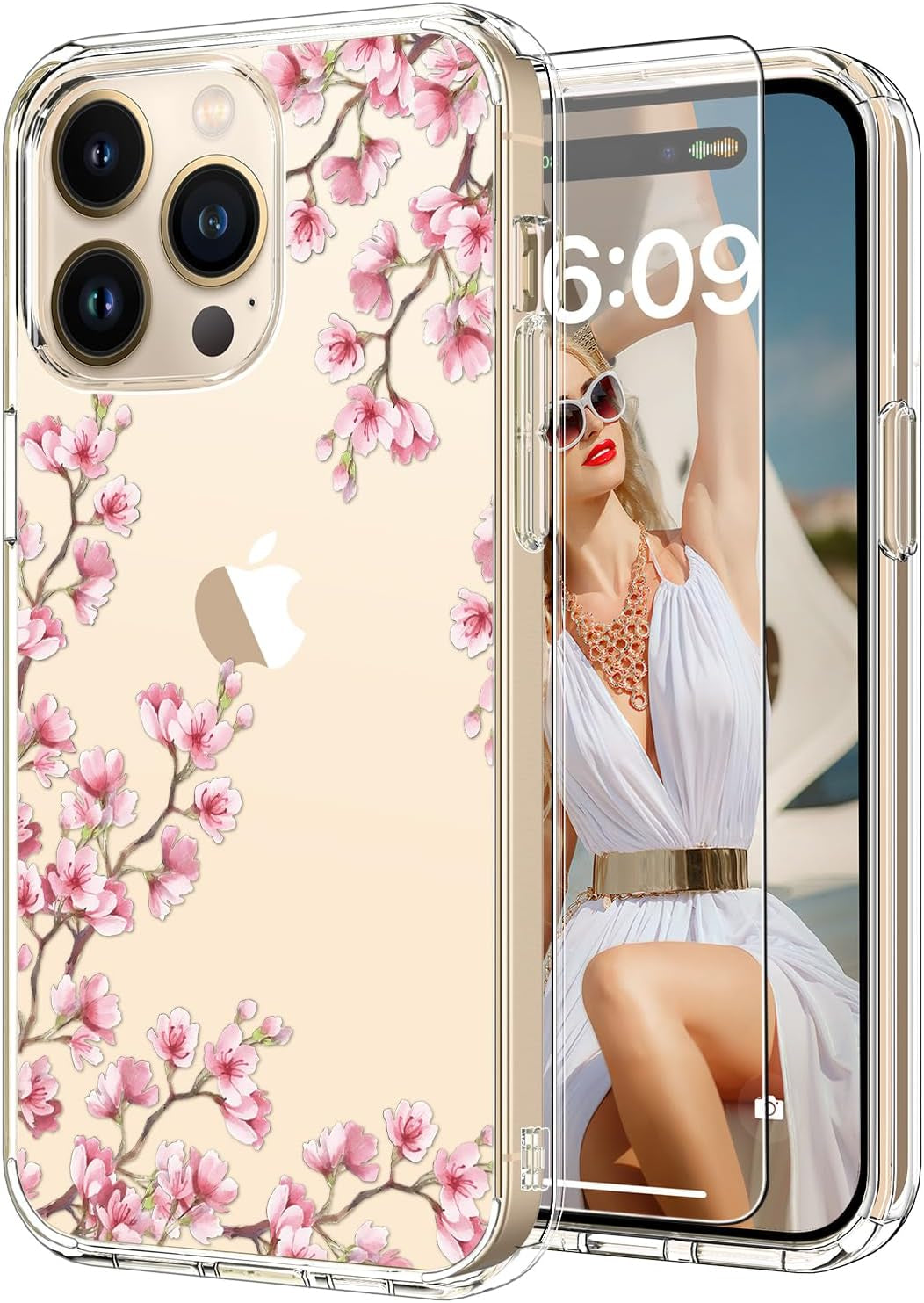 ICEDIO for Iphone 15 Pro Case with Screen Protector-Clear with Fashionable Trendy Patterns-Designed for Girls Women-Slim Fit Cover-Protective Phone Case 6.1" Cute Blooming Pink Floral  ICEDIO Nice Florals  