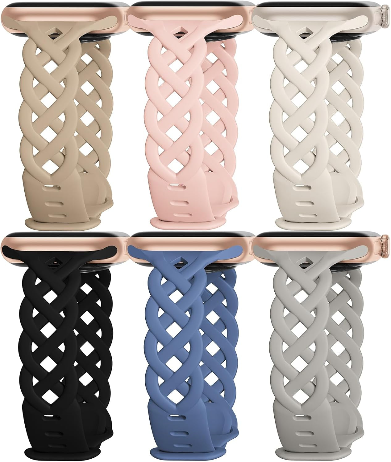 6 Pack Braided Silicone Bands Compatible with Apple Watch Band/Iwatch Bands Women 38Mm 40Mm 41Mm 44Mm 45Mm, Slim Replacement Strap Breathable Sport Wristband for Iwatch Series 9 SE 8/7/6/5/4/3/2/1