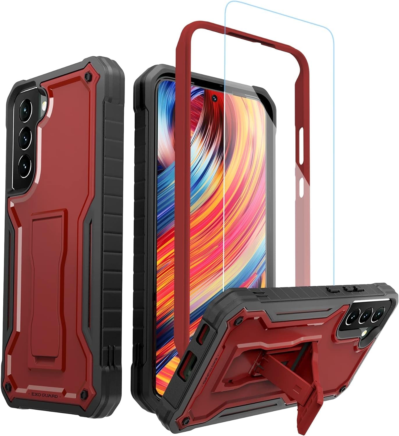 Exoguard for Samsung Galaxy S22 plus Case, Rubber Shockproof Heavy Duty Case with Screen Protector for Samsung S22 plus Phone, Built-In Kickstand (Pink)