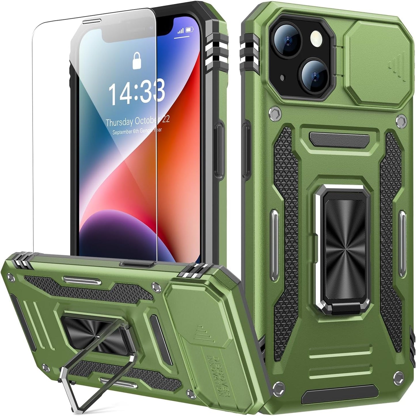 Goodon for Iphone 14 Pro Max Case with Slide Camera Cover + Screen Protector, Built in Rotated Ring Magnetic Kickstand Military Grade Shockproof Protective Phone Case 6.7" Pale - Green  Goodon Olive Green Iphone 14 Plus 6.7" 