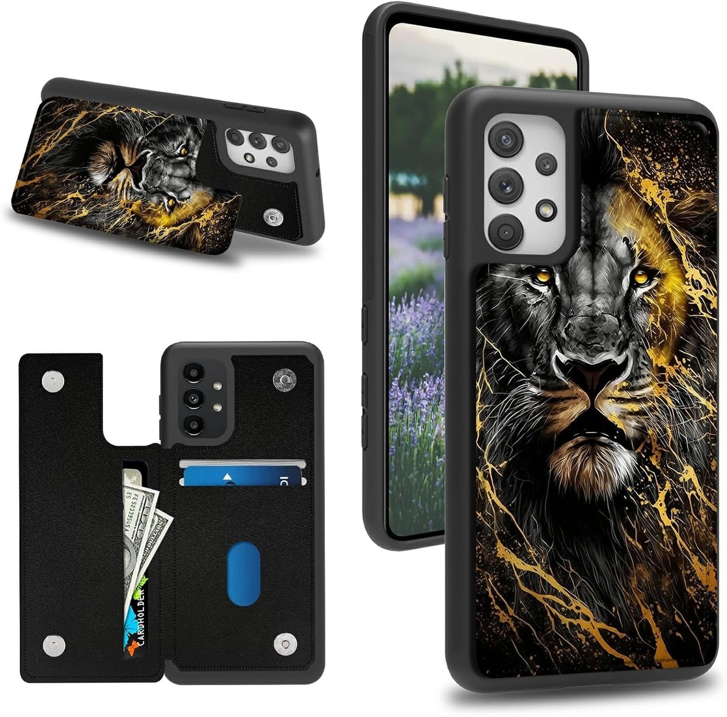 Case for Samsung 53 5G 6.5" Wallet Phone, Credit Card Holder Slots Cover & Hard PC Shockproof Soft Silicone Dual Layer Protection Flip Case for Samsung Galaxy A53 5G 2022, Cool Lion