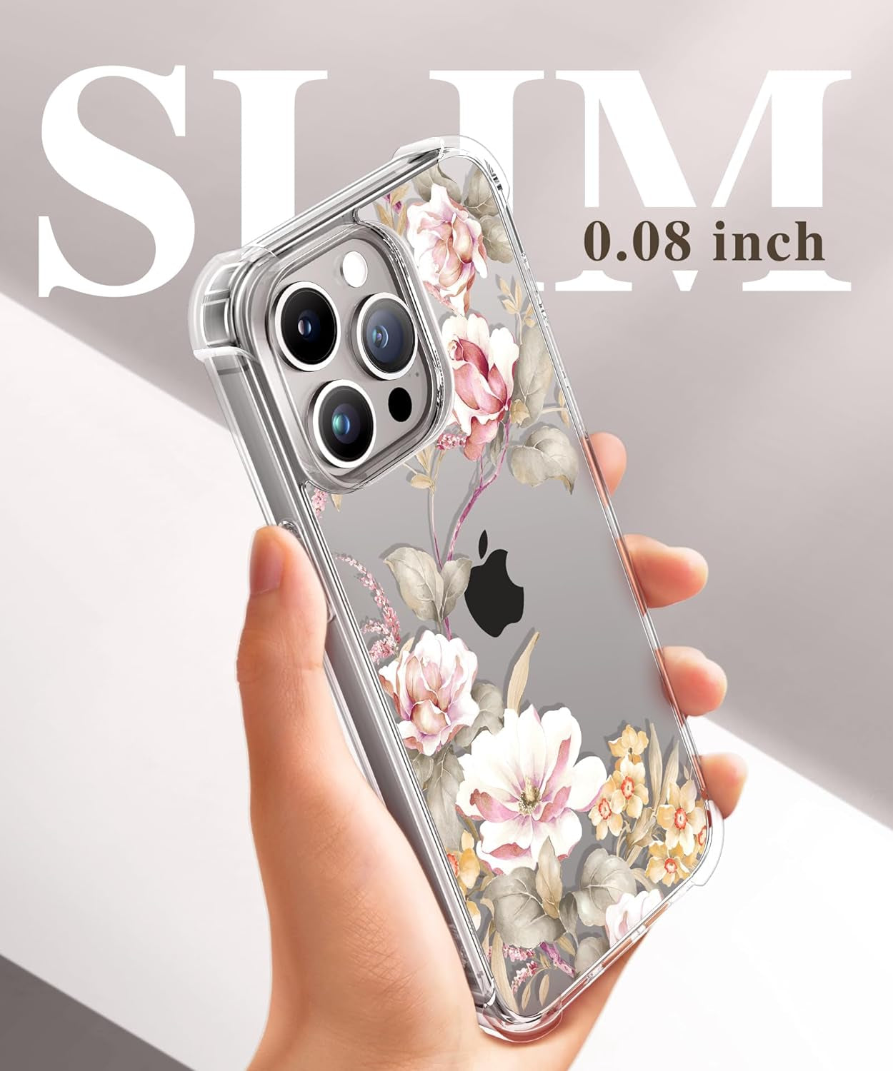 GVIEWIN for Iphone 15 Pro Case Floral, with Screen Protector+Camera Lens Protector, [Not Yellowing] Slim Shockproof Clear Phone Protective Cover for Women, Flower Pattern Design (Ranunculus/Pink)  GVIEWIN   