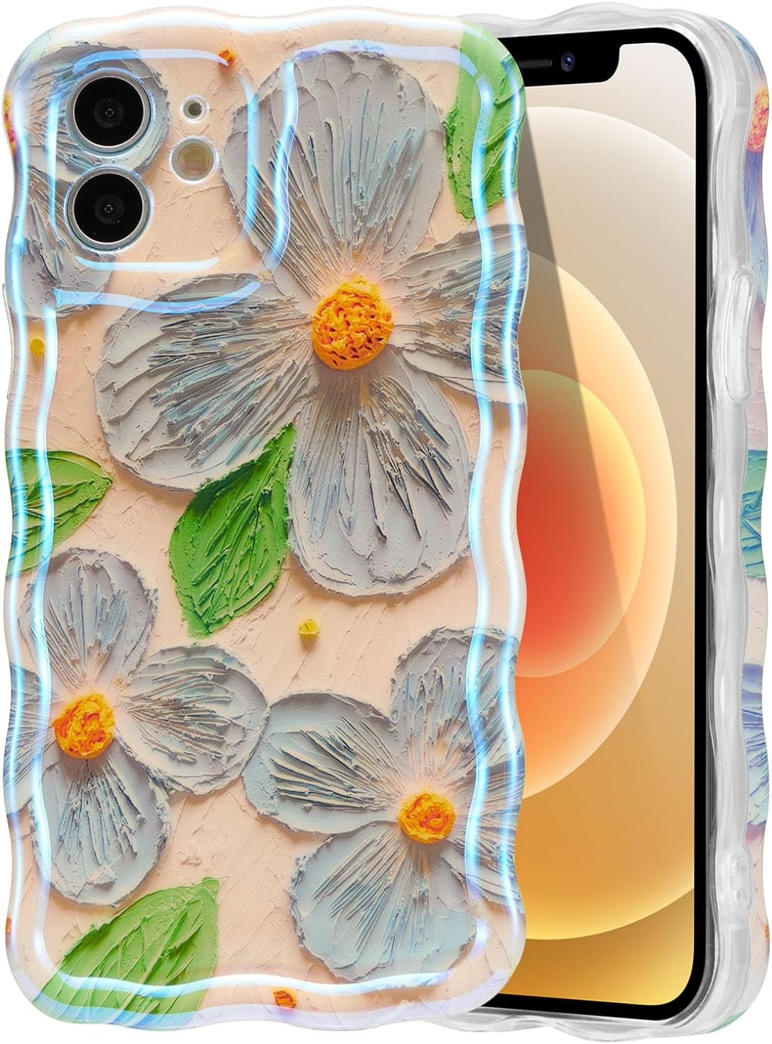 EYZUTAK Case for Iphone 14 Pro, Colorful Retro Oil Painting Flower Leaf Laser Glossy Pattern Cute Curly Wave Edge Exquisite Phone Cover Stylish Durable TPU Protective Case for Girls Women - Blue Green  EYZUTAK   