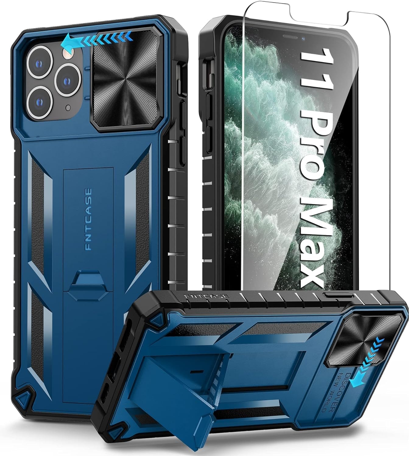 FNTCASE for Iphone 15 Pro Case: Military Grade Drop & Shock Protection Cell Phone Cover with Kickstand & Slide | Rugged Protective Bumper Textured | Heavy Duty Protector(Blue)  FNTCASE   