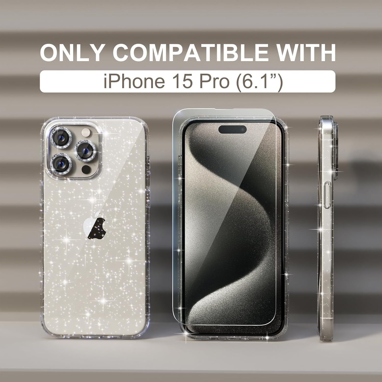 Choiche Compatible for Iphone 15 Pro Case, Women Cute Clear Glitter Bling Sparkly Case, [3 X Diamond Camera Lens Protectors] [2 X Tempered Glass Screen Protectors] 6.1-Inch (Glitter Clear)  Choiche   