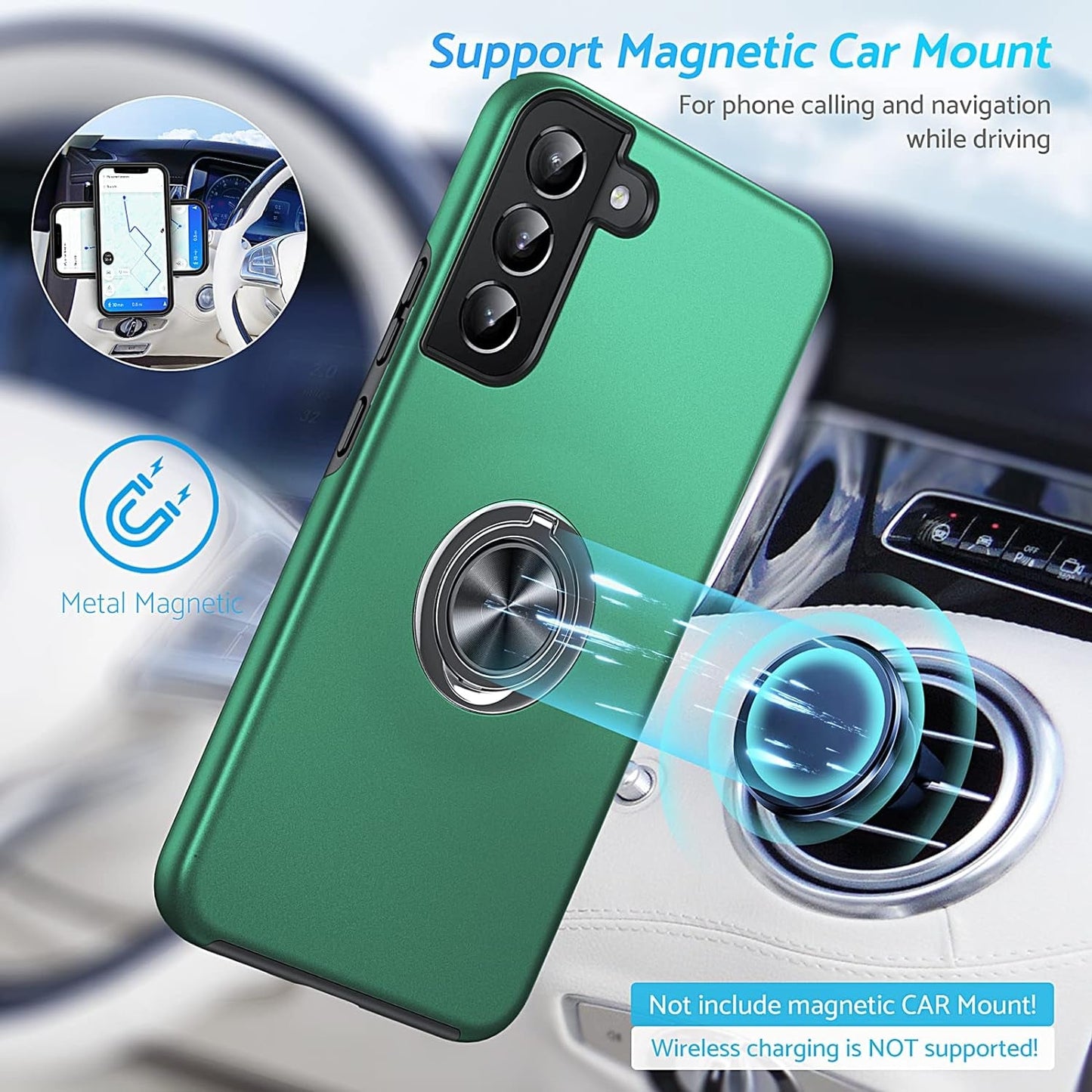 Anqrp Hidden Series Galaxy S22 Case 5G,[No Fall-Off Kickstand] 360°Metal Ring, 15Ft Military Grade Shockproof Protective Phone Case Designed for Samsung Galaxy S22 6.1 Inch, Green