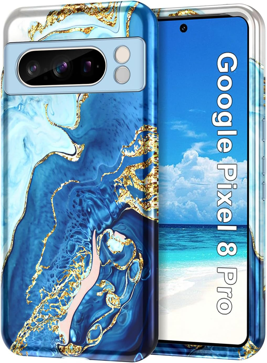 Btscase for Google Pixel 8 Pro Case (2023), Marble Pattern 3 in 1 Heavy Duty Shockproof Full Body Rugged Hard Pc+Soft Silicone Drop Protective Women Girl Cover for Google Pixel 8 Pro, Blue Pink  Btscase Blue White  