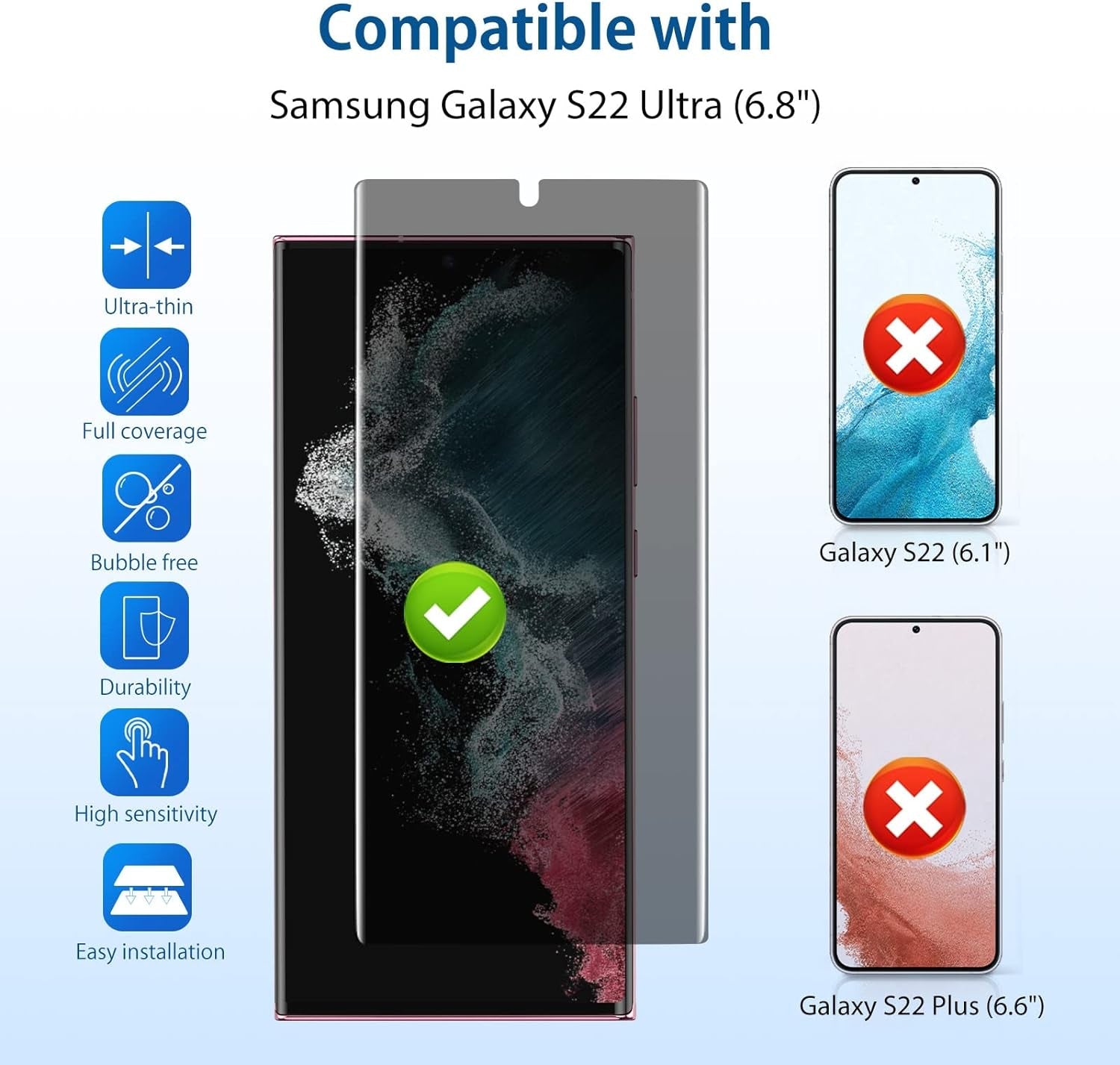 For Samsung Galaxy S22 Ultra Privacy Screen Protector, Anti-Spy Flexible TPU Film [2 Pack], Support Fingerprint Unlock, Positioning Tool, Full Coverage, Case Friendly, Self-Healing