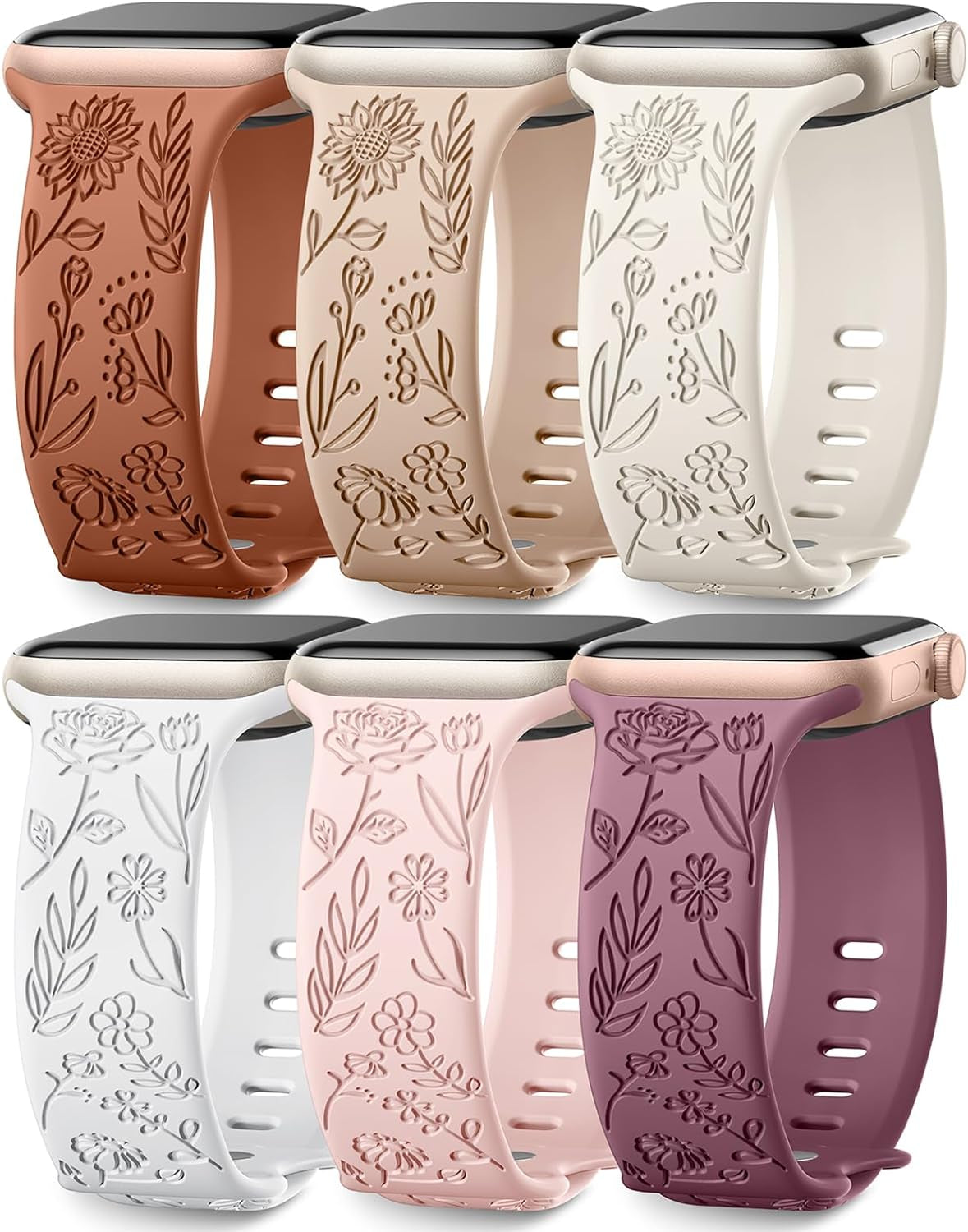 6 Pack Floral Engraved Bands Compatible with Apple Watch Band 44Mm 40Mm 38Mm 41Mm 45Mm 49Mm 42Mm Women, Soft Silicone Cute Flower Pattern Sport Strap for Iwatch Bands Series Ultra Ultra 2 SE 9 8 7 6 5 4 3 2 1