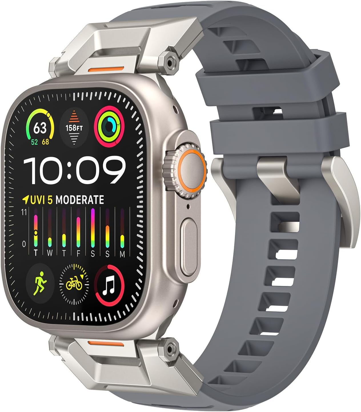 Fluororubber Sport Watch Band Compatible with Apple Watch Ultra 2/Ultra Band 49Mm 45Mm 44Mm 42Mm for Men, Rugged Strap with Stainless Steel Metal Connector for Watch Ultra Series SE 9 8 7 6 5 4 3