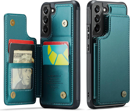 For Samsung Galaxy S22 Case with Card Holder, for Samsung S22 Wallet Case for Women Men with RFID Blocking, Durable Kickstand Shockproof Phone Case for Galaxy S22 5G, Bluish Green