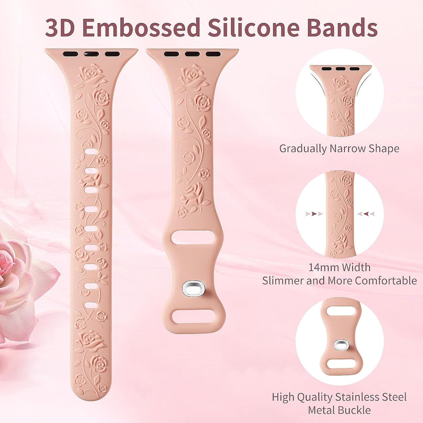 3 Pack Slim Floral Engraved Compatible with Apple Watch Bands 41/40/38/42/44/45/49Mm Women, Thin Narrow Soft Silicone Rose Embossed Sport Strap for Iwatch Series 9/8/7/6/5/4/SE/3/2/1 Ultra 2