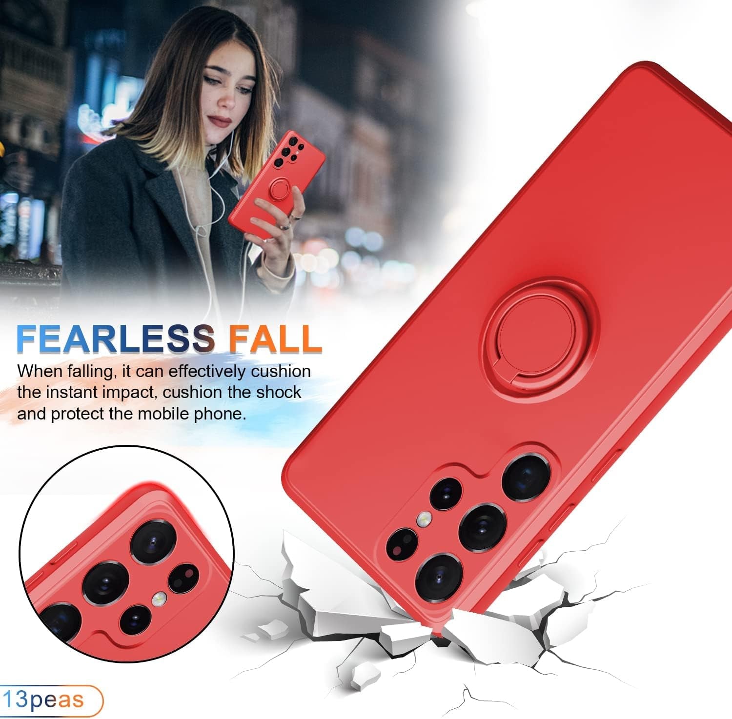 Case Compatible with Samsung Galaxy S22 Ultra（5G 2022 Released）, Silicone with Ring 360°Rotatable Kickstand Case Support Magnetic Car Mount，Protective Cover with Strap (Red)