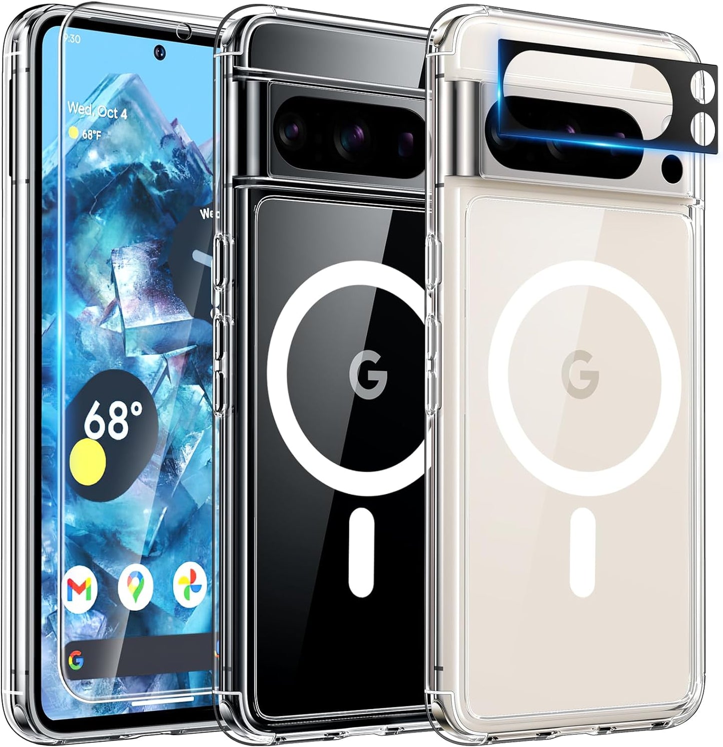 TAURI for Google Pixel 8 Pro Case, [5 in 1] 1X Clear Case [Not-Yellowing] with 2X Screen Protector + 2X Camera Lens Protector, [Military Grade Protection] Slim Case for Pixel 8 Pro  TAURI Magnetic-Clear For Pixel 8 Pro 6.7" 