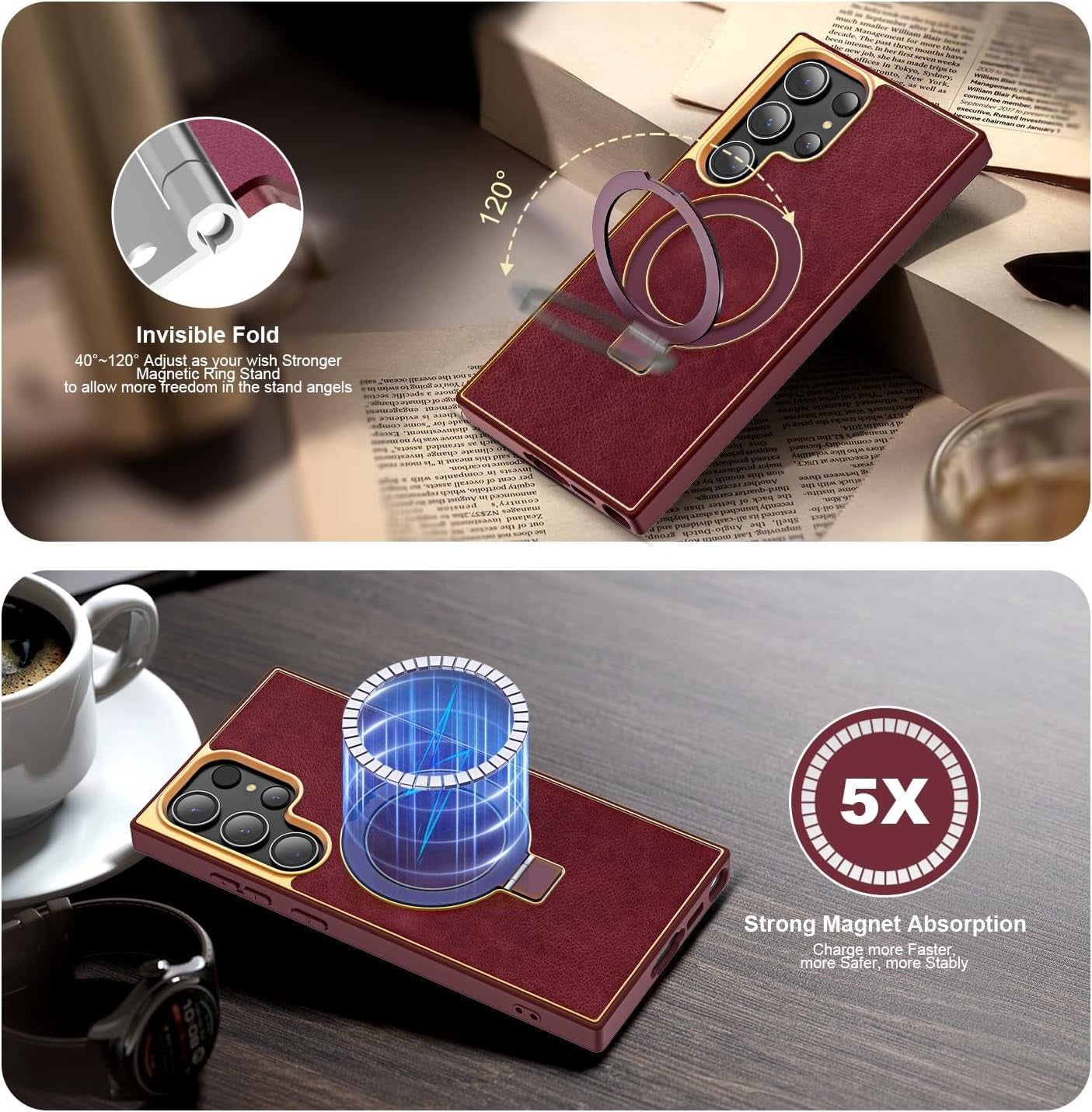 Designed for Samsung Galaxy S22 plus Case with Magnetic O-Ring Stand Leather Luxury Business Phone Cases for S22 plus 6.6" Compatible with Magsafe [Military Grade Protection],Red