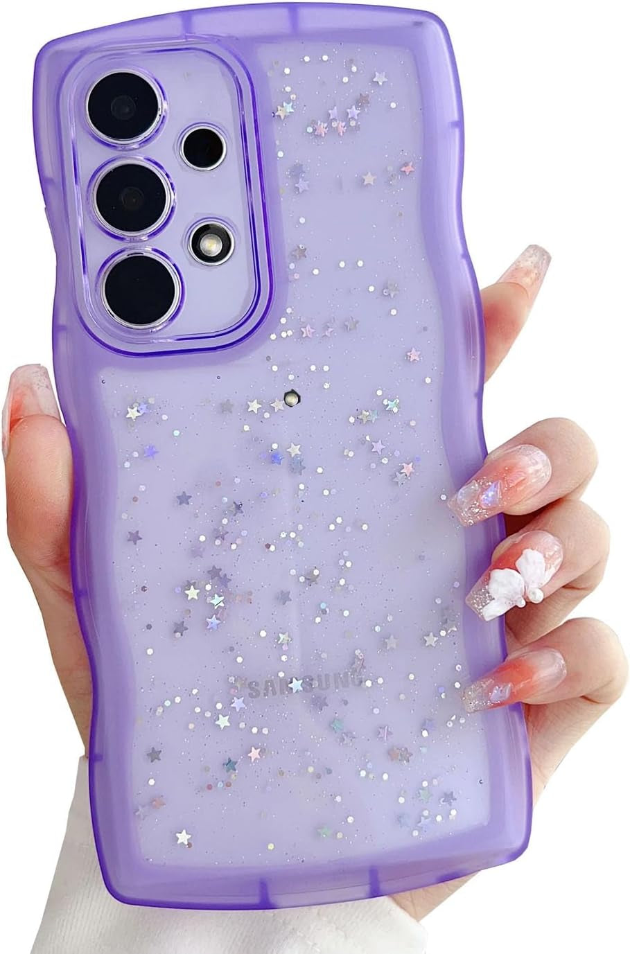 Compatible with Galaxy A53 5G Case for Women Girls Glitter Sparkly Bling Camera Lens Protector Cute Curly Wave Frame Shockproof Protective Cover Phone Case for Samsung Galaxy A53 5G(BLUE)