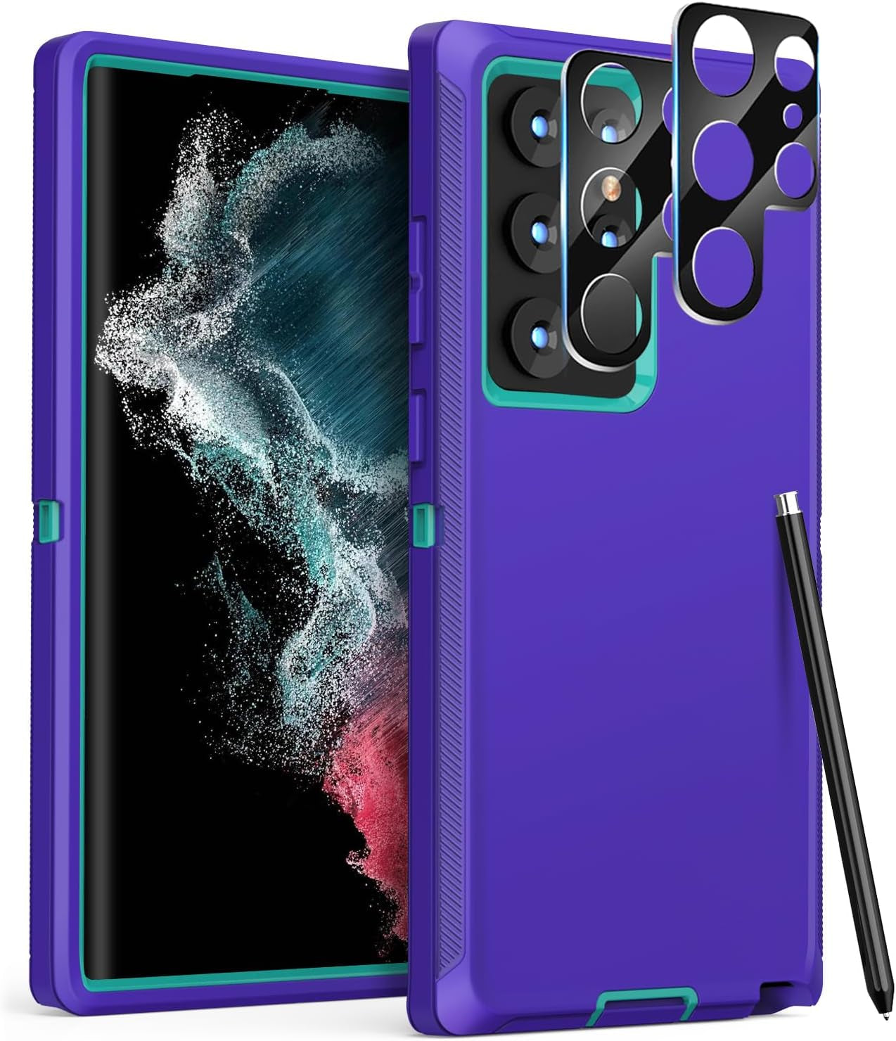 FEIYAR HOME for Samsung Galaxy S22 Ultra Case: [Military Grade Shockproof] with 2 [Camera Lens Protector] [No Screen Protector] Heavy Duty Protection Phone Case for Galaxy S22 Ultra 5G-Purple Green