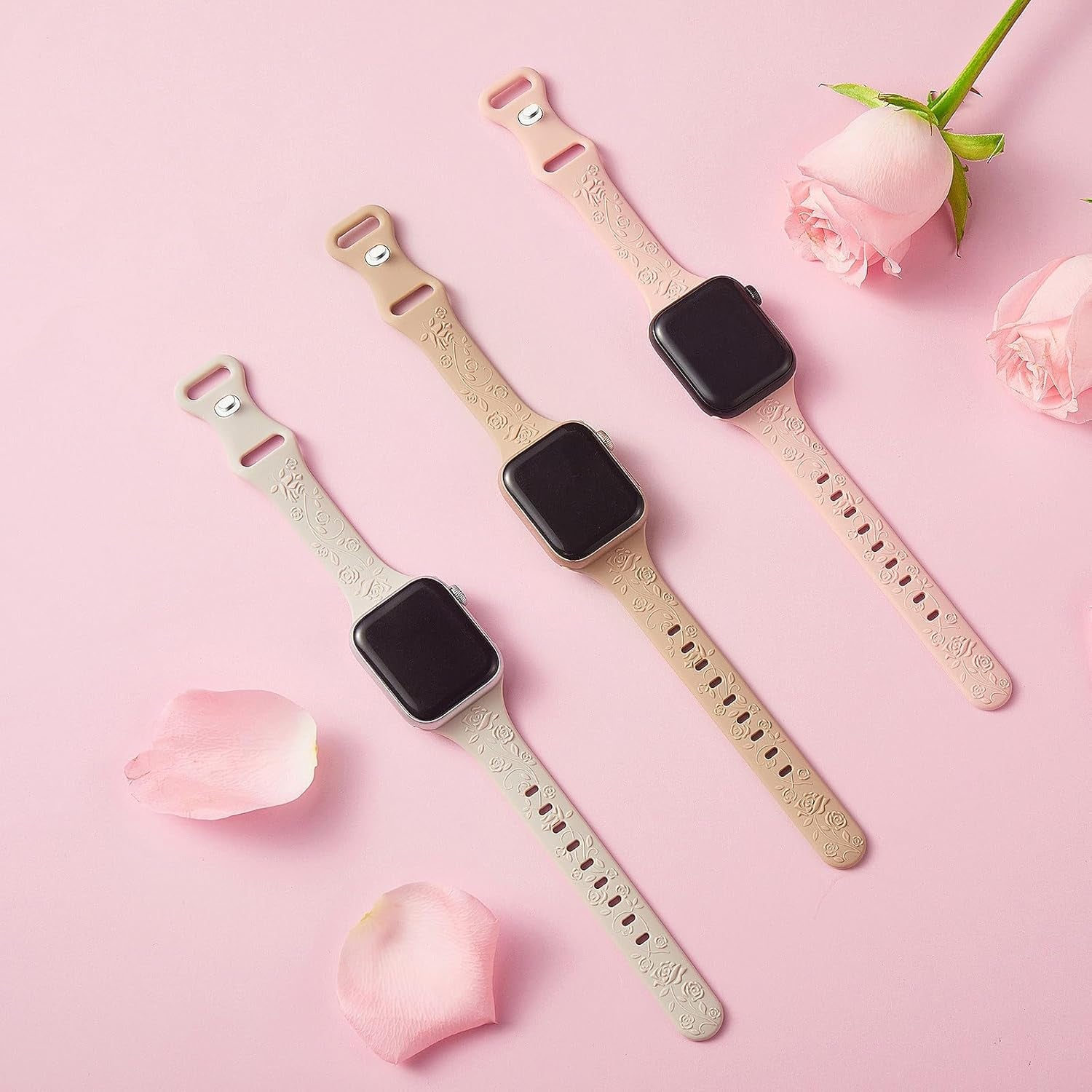 3 Pack Slim Floral Engraved Compatible with Apple Watch Bands 41/40/38/42/44/45/49Mm Women, Thin Narrow Soft Silicone Rose Embossed Sport Strap for Iwatch Series 9/8/7/6/5/4/SE/3/2/1 Ultra 2