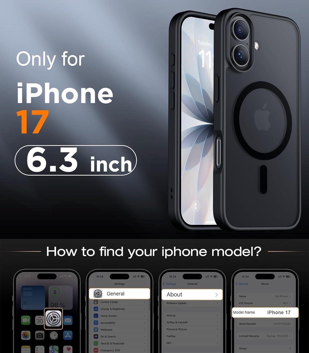 Red2Fire Designed for Iphone 17 Case Magnetic, (Compatible with Magsafe) (Military Grade Drop Protection) Translucent Matte Shockproof Phone Case for Iphone 17 6.3"-Black