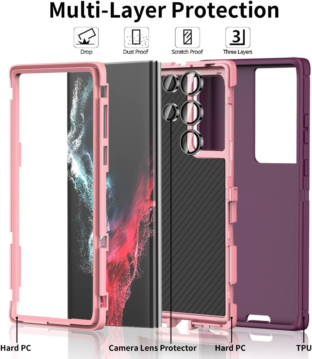 FEIYAR HOME Case for Samsung Galaxy S22 Ultra Case, with Tempered Glass Camera Lens Protector, Rugged Heavy Duty Case for Galaxy S22 Ultra, Wine Pink