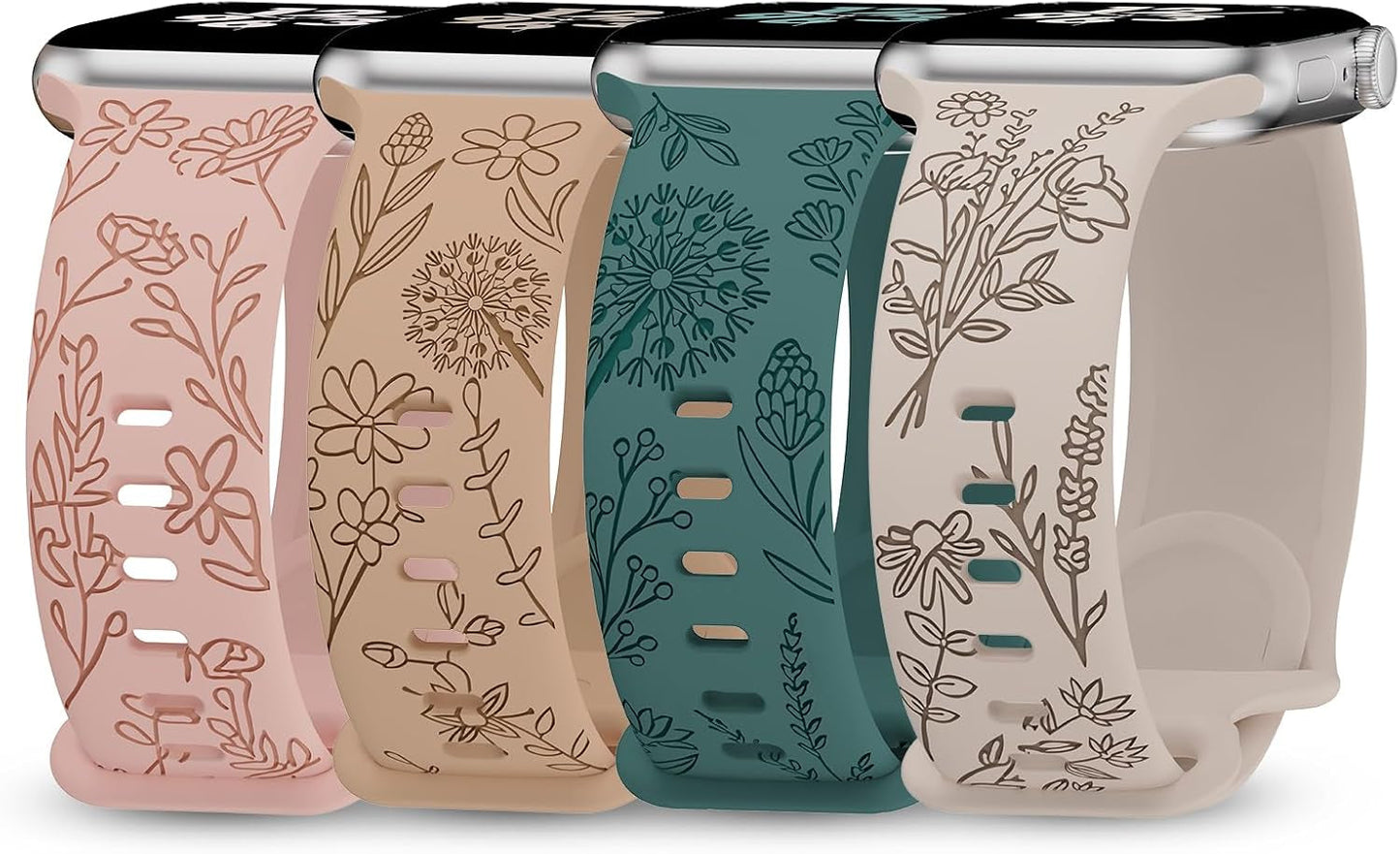4 Pack Floral Engraved Bands Compatible with Apple Watch Bands 38Mm 40Mm 41Mm 42Mm 44Mm 45Mm 49Mm Women