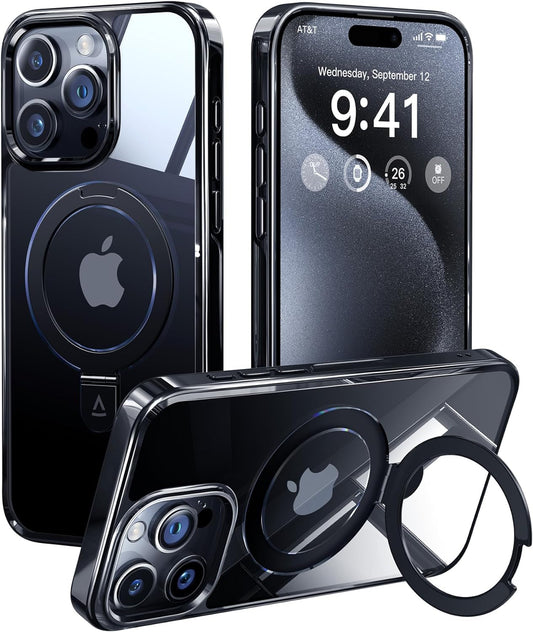Alphex Titanium Stand for Magsafe Iphone 15 Pro Case, Polished Titanium Match for Iphone, 12FT Military Drop Protection, Shockproof Phone Ring Slim Cover 6.1 Inch, Black Titanium  Alphex   