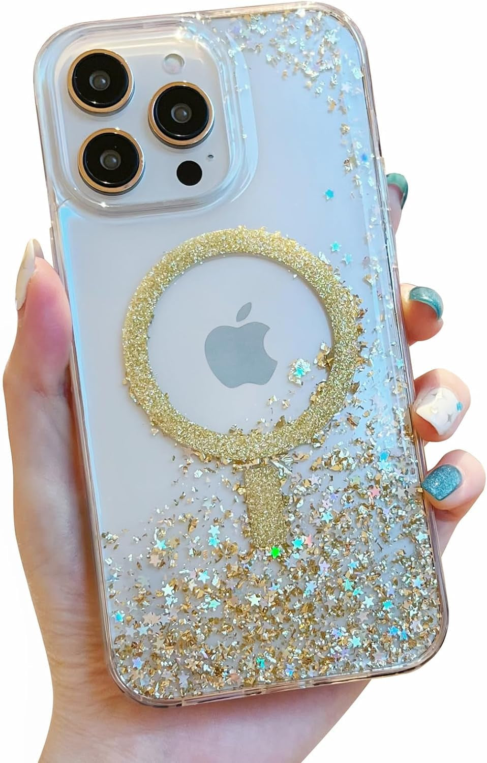 ASONCE Cute Glitter for Iphone 14 Pro Max Case [Compatible with Magsafe] Magnetic Cover with Bling Star for Women Girls [12FT Drop Protection] - Sparkly Gold  Hiwuton   