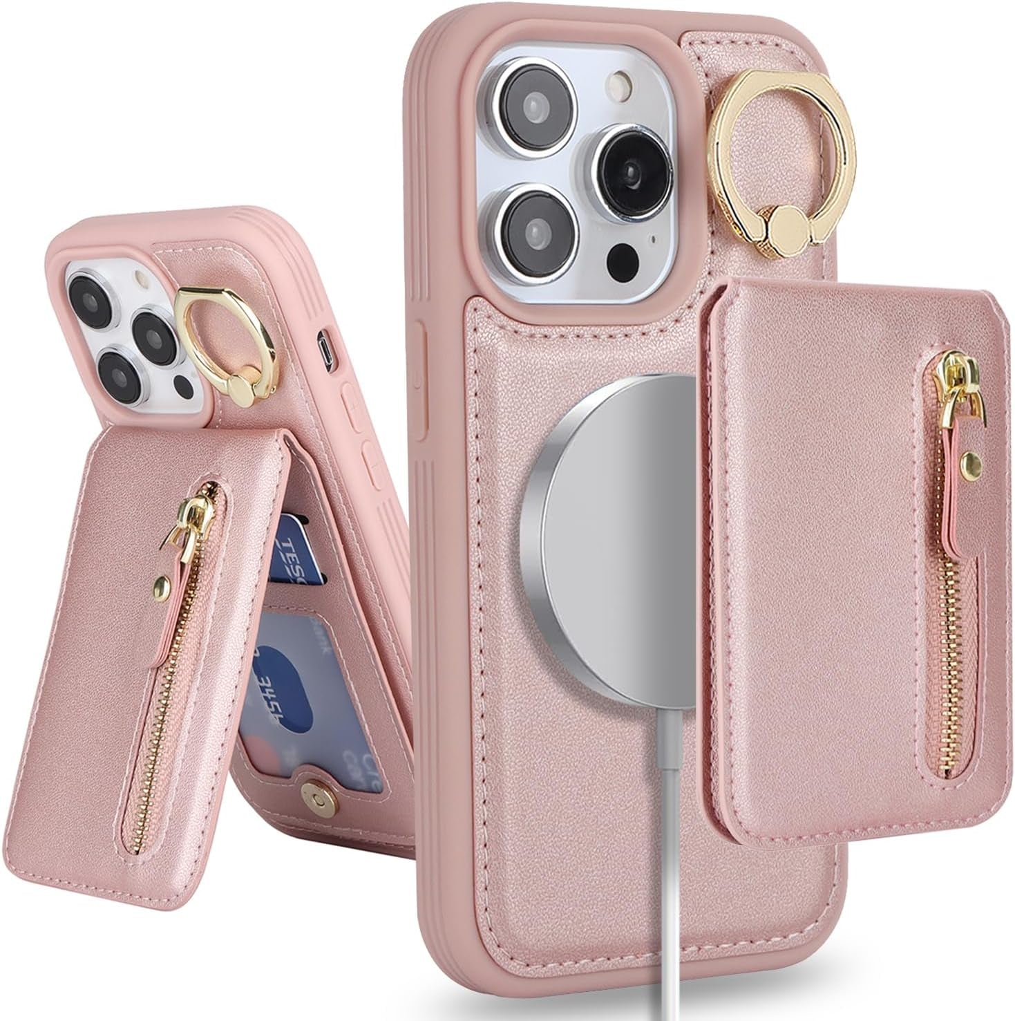 DEYHU Iphone 15 Pro Case with Card Holder, Iphone 15 Pro Phone Case Wallet for Women Magsafe Compatible Wallet Detachable 2-In-1 for Men-Dark Blue  DEYHU A+Pink Iphone 15 Pro 