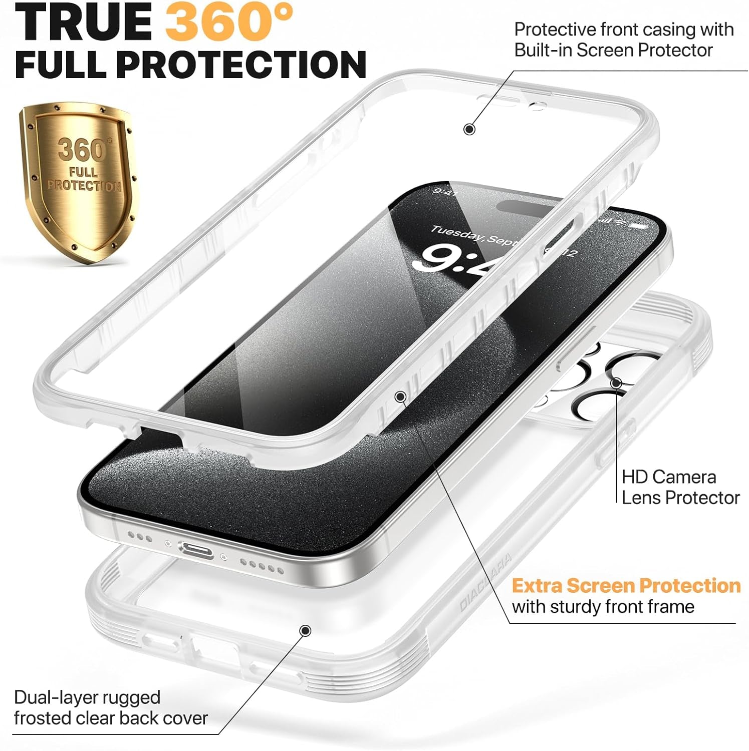 Diaclara Designed for Iphone 15 Pro Case, Full Body Rugged Case with Built-In Touch Sensitive Anti-Scratch Screen Protector, with Camera Lens Protector for Iphone 15 Pro 6.1",Frosted Clear  Diaclara   