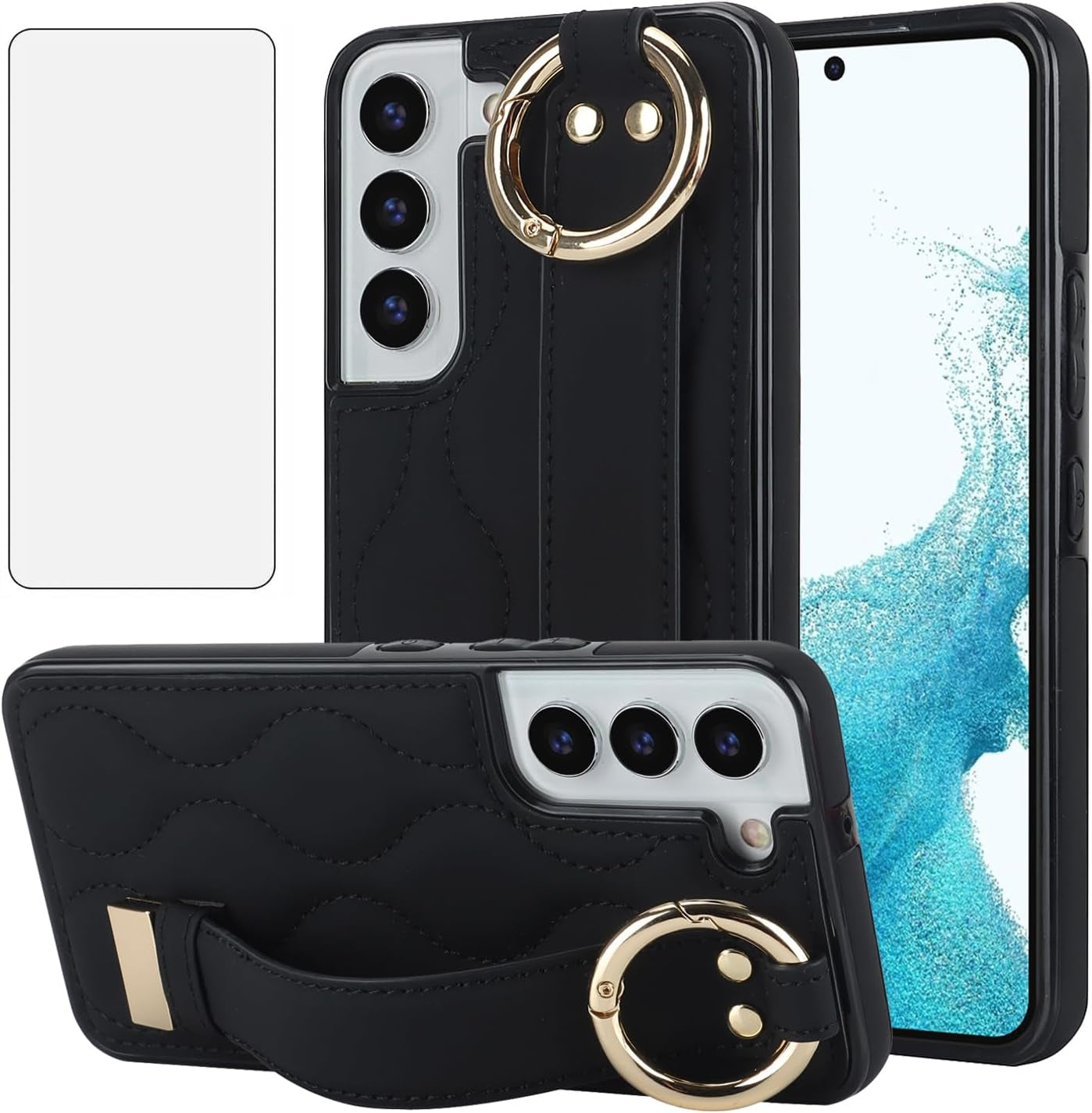 Asuwish Phone Case for Samsung Galaxy S22 plus S22+ 5G Cover with Screen Protector and Wrist Strap Kickstand Wristband Holder Ring Silicone Rubber Cell S22+5G S22Plus 22S + S 22 22+ Women Men Brown