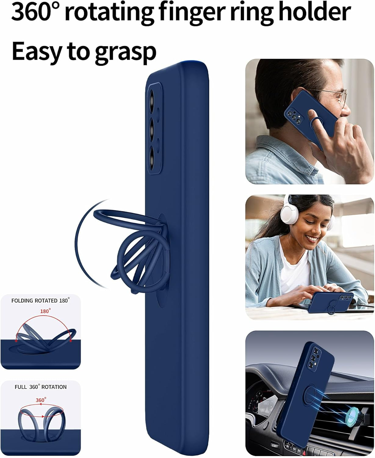 Dssairo for Samsung Galaxy A53 5G Phone Case, Ring Stand [360° Rotatable Ring Holder] with 2 Screen Protector, with Full Camera Cover Protection, Silicone Slim Protective Phone Case (Navy Blue)