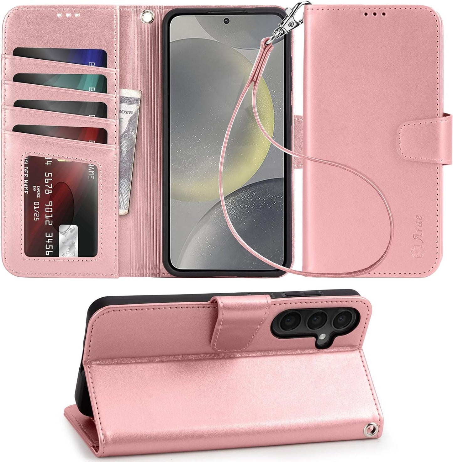 Arae Case for Samsung Galaxy S22 Ultra 5G PU Leather Wallet Case Cover [Stand Feature] with Wrist Strap and [4-Slots] Id&Credit Cards Pocket (S22 Ultra-6.8 Inch, Black)