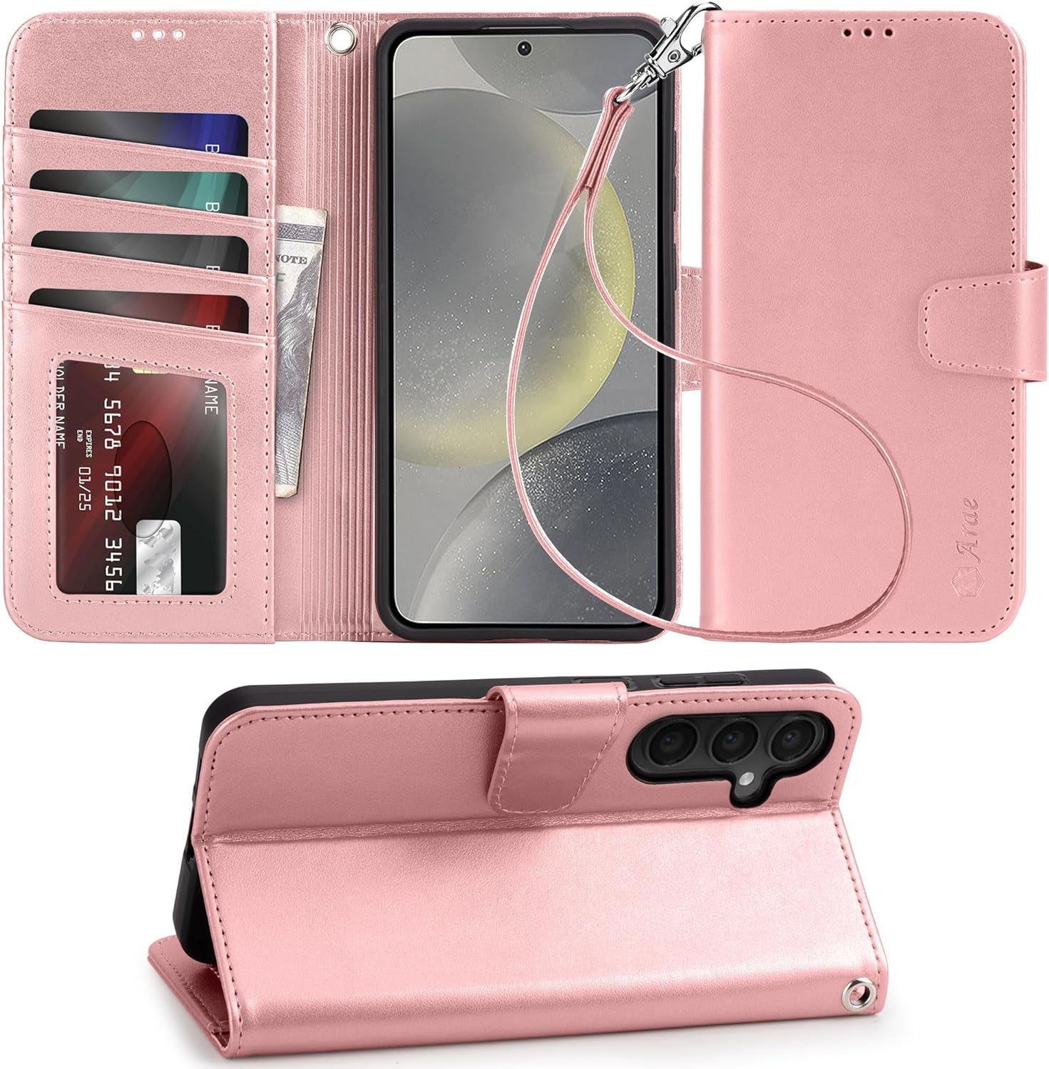 Arae Case for Samsung Galaxy S22 Ultra 5G PU Leather Wallet Case Cover [Stand Feature] with Wrist Strap and [4-Slots] Id&Credit Cards Pocket (S22 Ultra-6.8 Inch, Black)