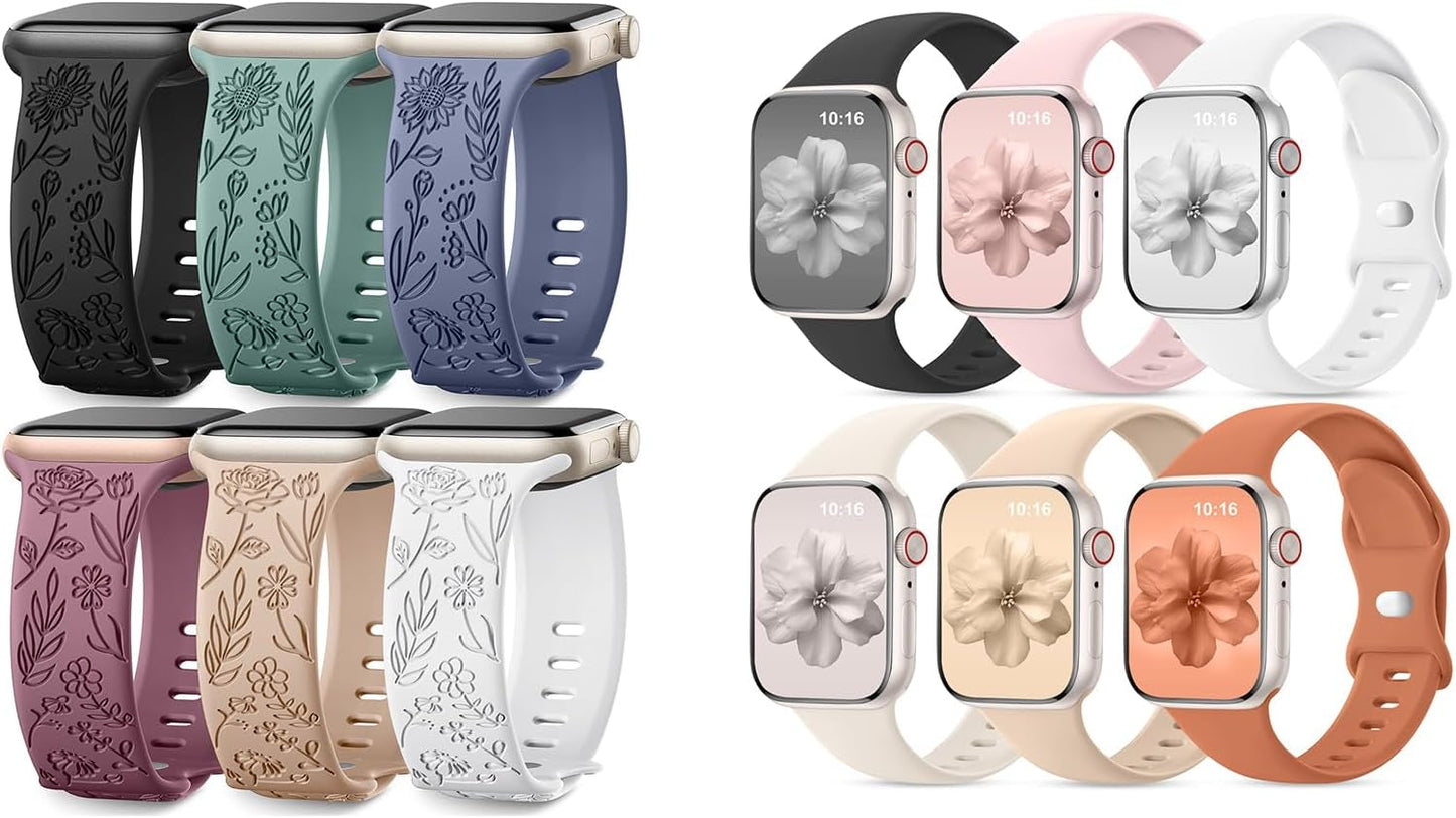6 Pack Floral Engraved Bands & 6 Pack Sport Bands Compatible with Apple Watch Bands for Women 40Mm 41Mm 38Mm