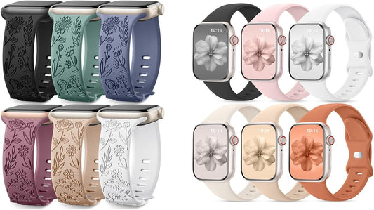 6 Pack Floral Engraved Bands & 6 Pack Sport Bands Compatible with Apple Watch Bands for Women 40Mm 41Mm 38Mm