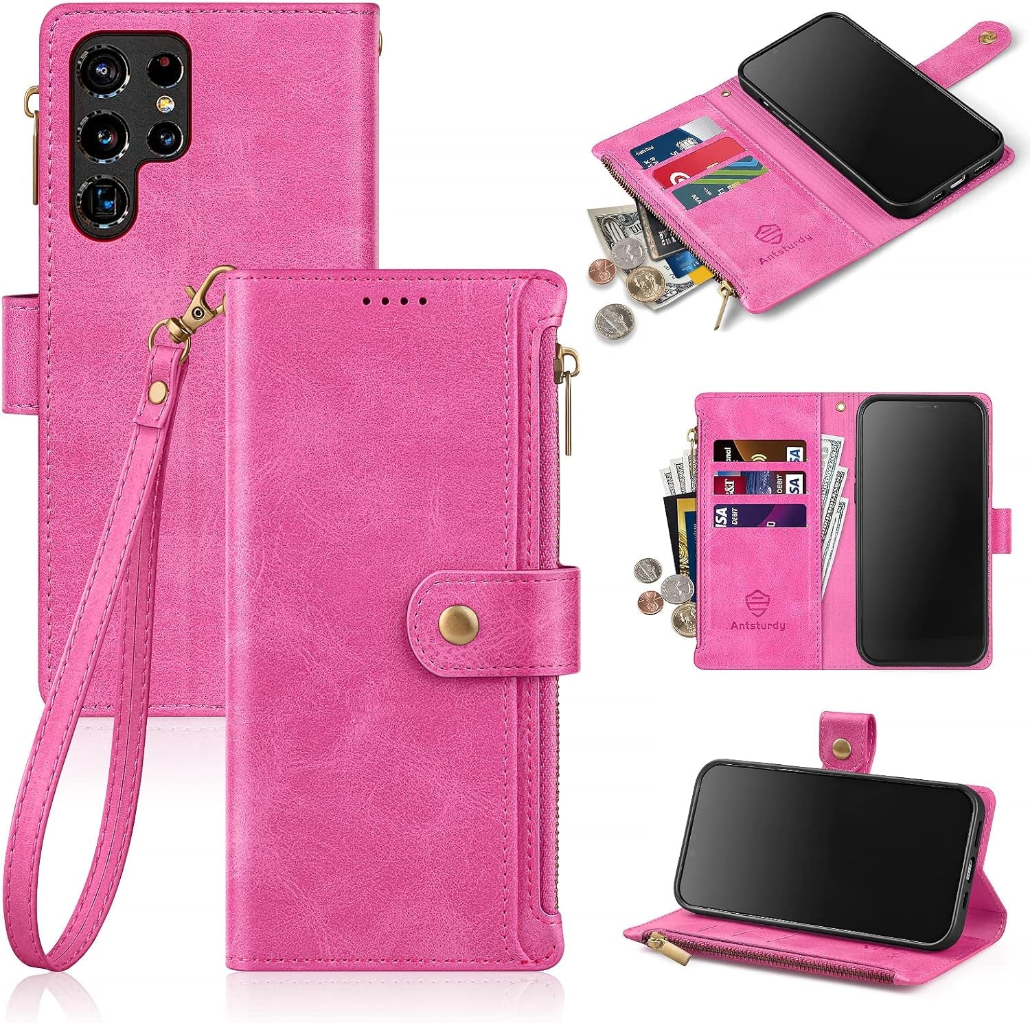 Antsturdy Samsung Galaxy S22 Ultra Wallet with Card Holder for Women Men,Galaxy S22 Ultra 5G Phone Case RFID Blocking PU Leather Flip Shockproof Cover with Strap Zipper Credit Card Slots,Dark Blue