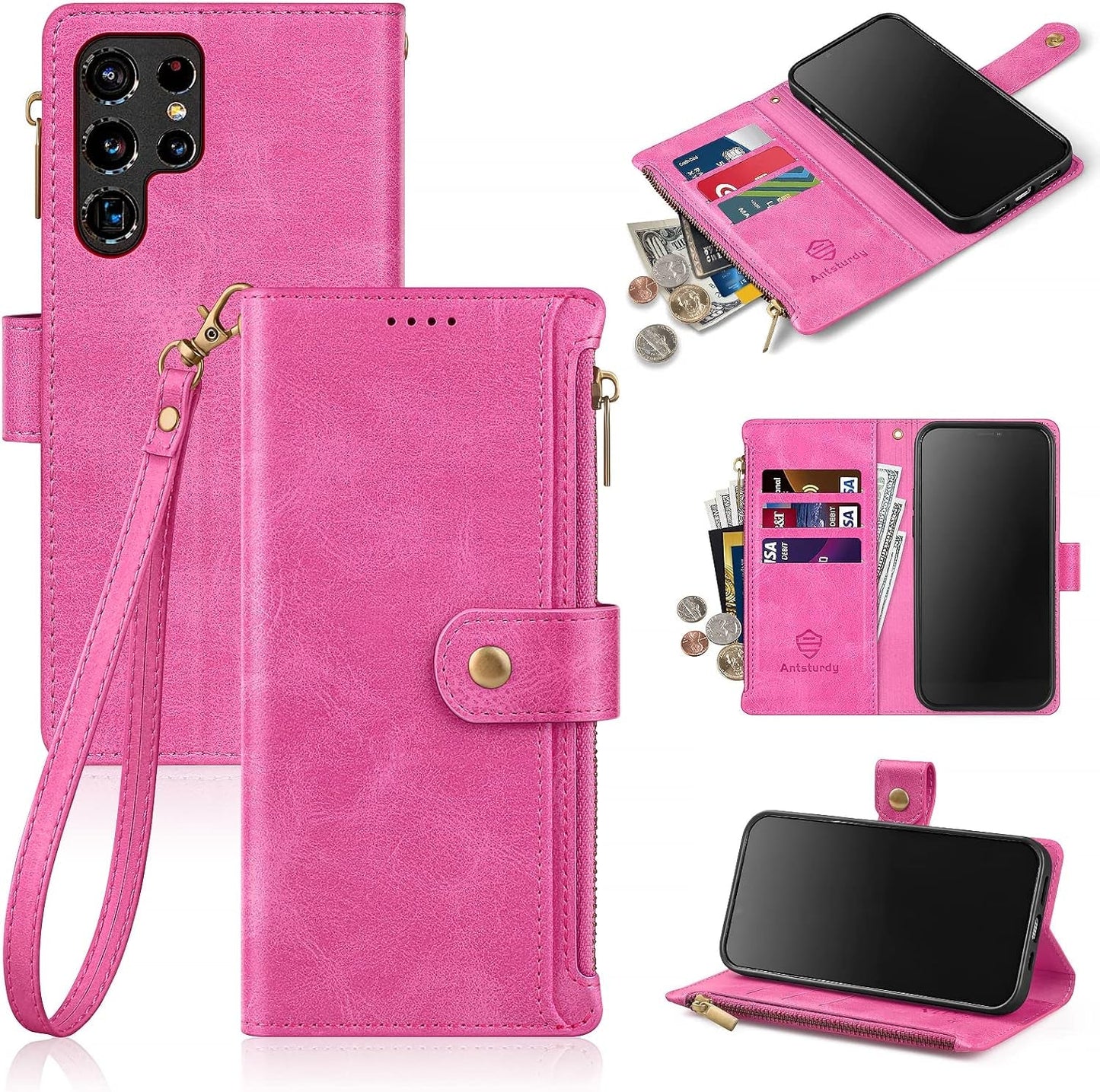 Antsturdy Samsung Galaxy S22 Ultra Wallet with Card Holder for Women Men,Galaxy S22 Ultra 5G Phone Case RFID Blocking PU Leather Flip Shockproof Cover with Strap Zipper Credit Card Slots,Dark Blue