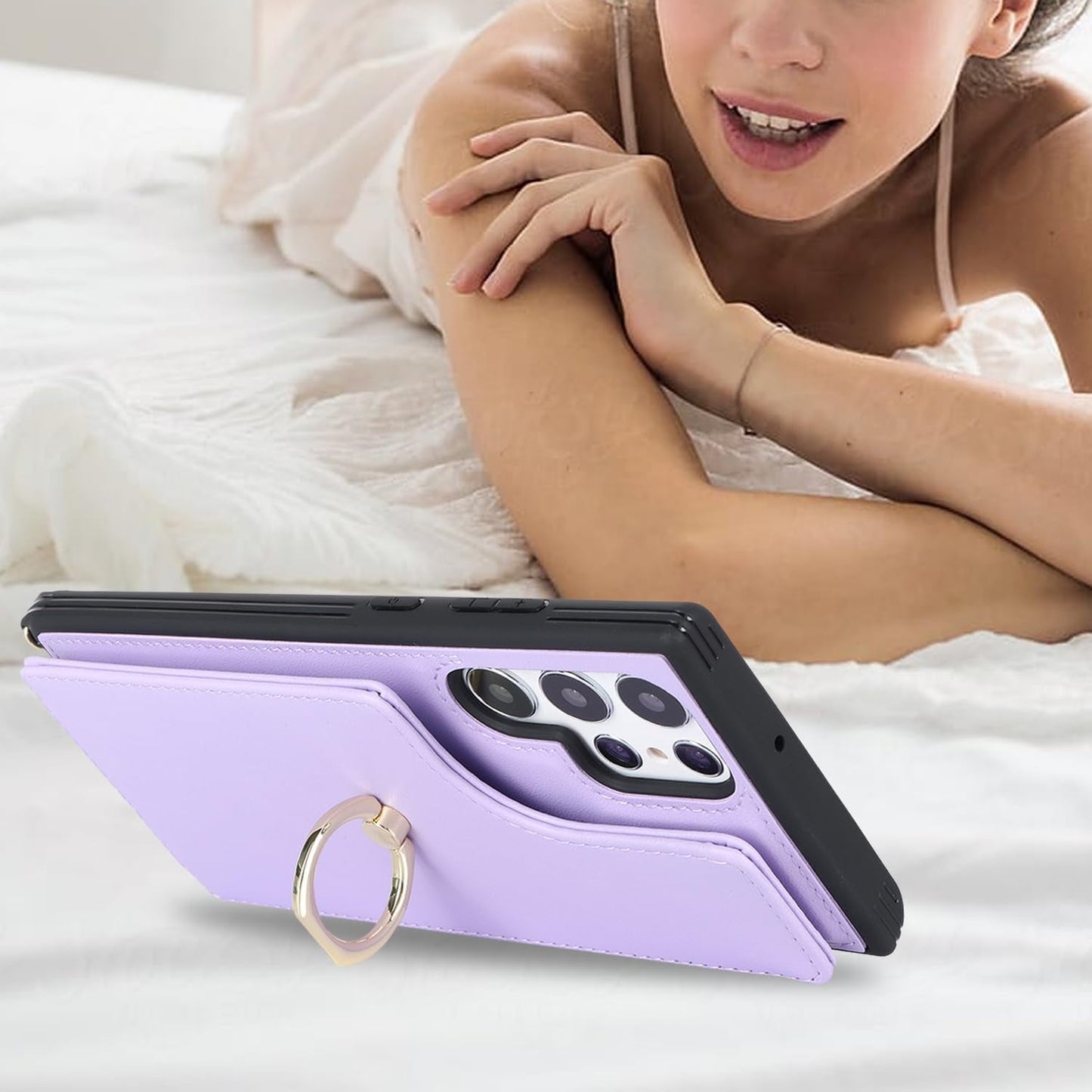 For Samsung Galaxy S22 Ultra Case with Card Holder and Strap for Women,Crossbody Lanyard,Ring Stand,Snap Clasp,Phone Wallet Cases 6.8 Inch(Purple)