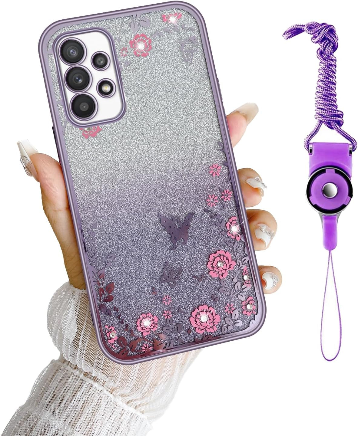 For A53 5G Case, Samsung A53 Case Square Rivet for Girls Women Crystal Shockproof Protection with Kickstand Cute Lanyard Square Retro Elegant Slim Soft Tpu Cover for Galaxy A53 5G(Black Lips)