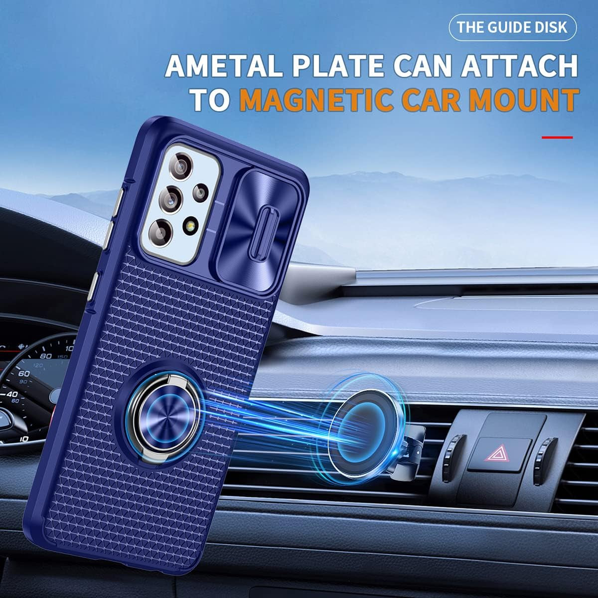 Design for Samsung Galaxy A53 5G Phone Case with Screen Protector + Slide Camera Protection Cover + Ring Holder Stand, Built-In Magnetic Kickstand Shockproof Protective Phone Cases for Women Men Blue